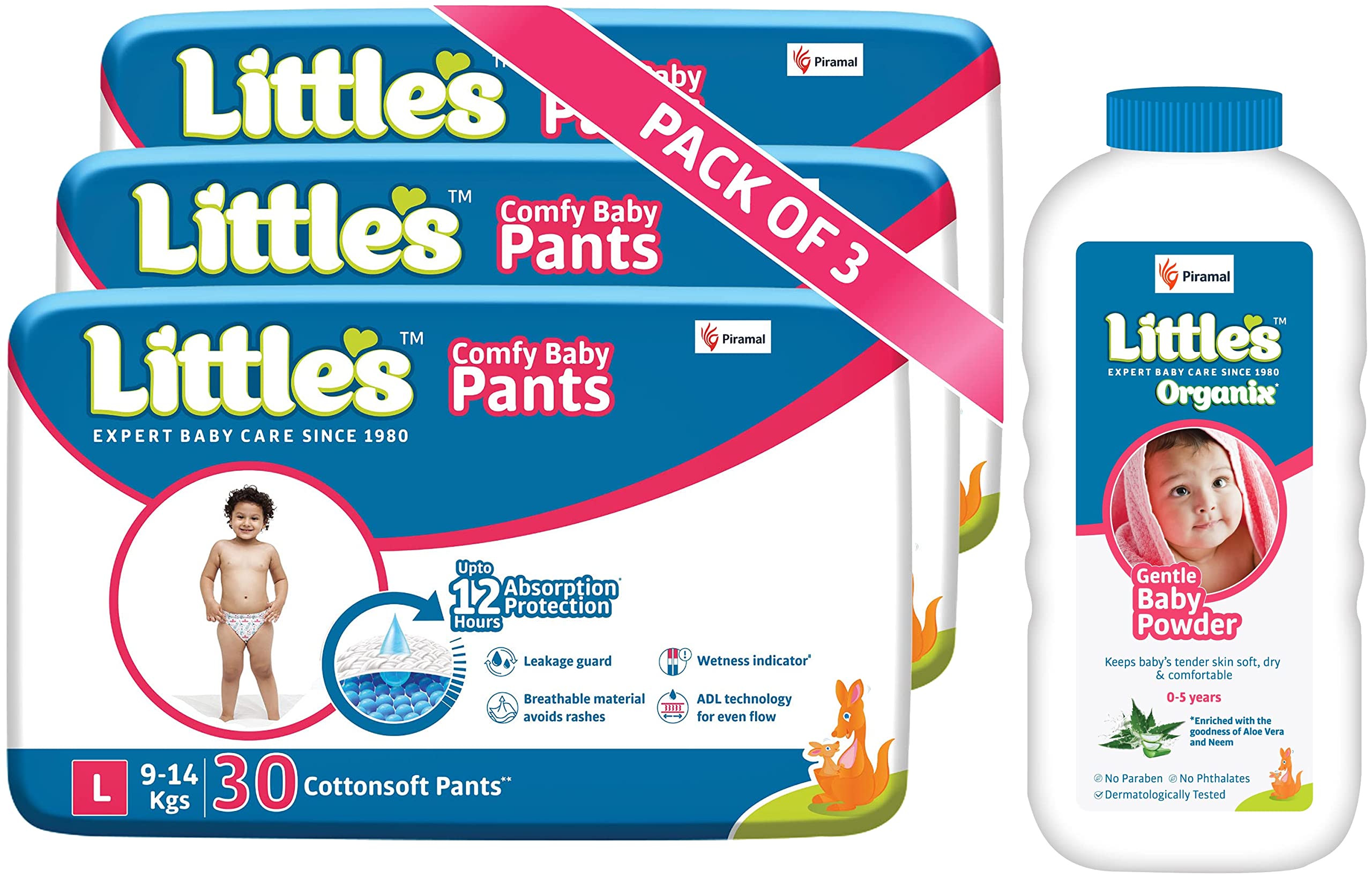 Little'sLittle's Comfy Baby Pants Diapers with Wetness Indicator and 12 Hours Absorption |Large| 90 Diapers, White & Organix Gentle Baby Powder, 400g, White