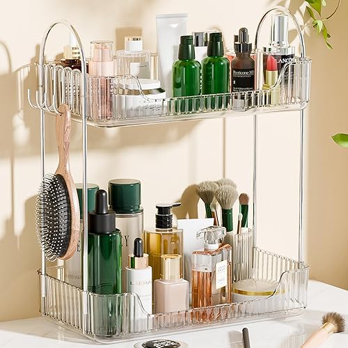 Kinkota Organizador de baño de 2 niveles, organizador de encimera de baño de plástico, bandeja de tocador con ganchos, para maquillajeestante de