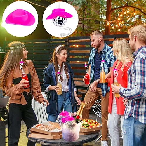 Miniatura 5 de 10 pajitas de bola de discoteca con espejo, mini sombrero de vaquera, pajitas de discoteca dobladas, decoraciones de fiesta de discoteca de los años