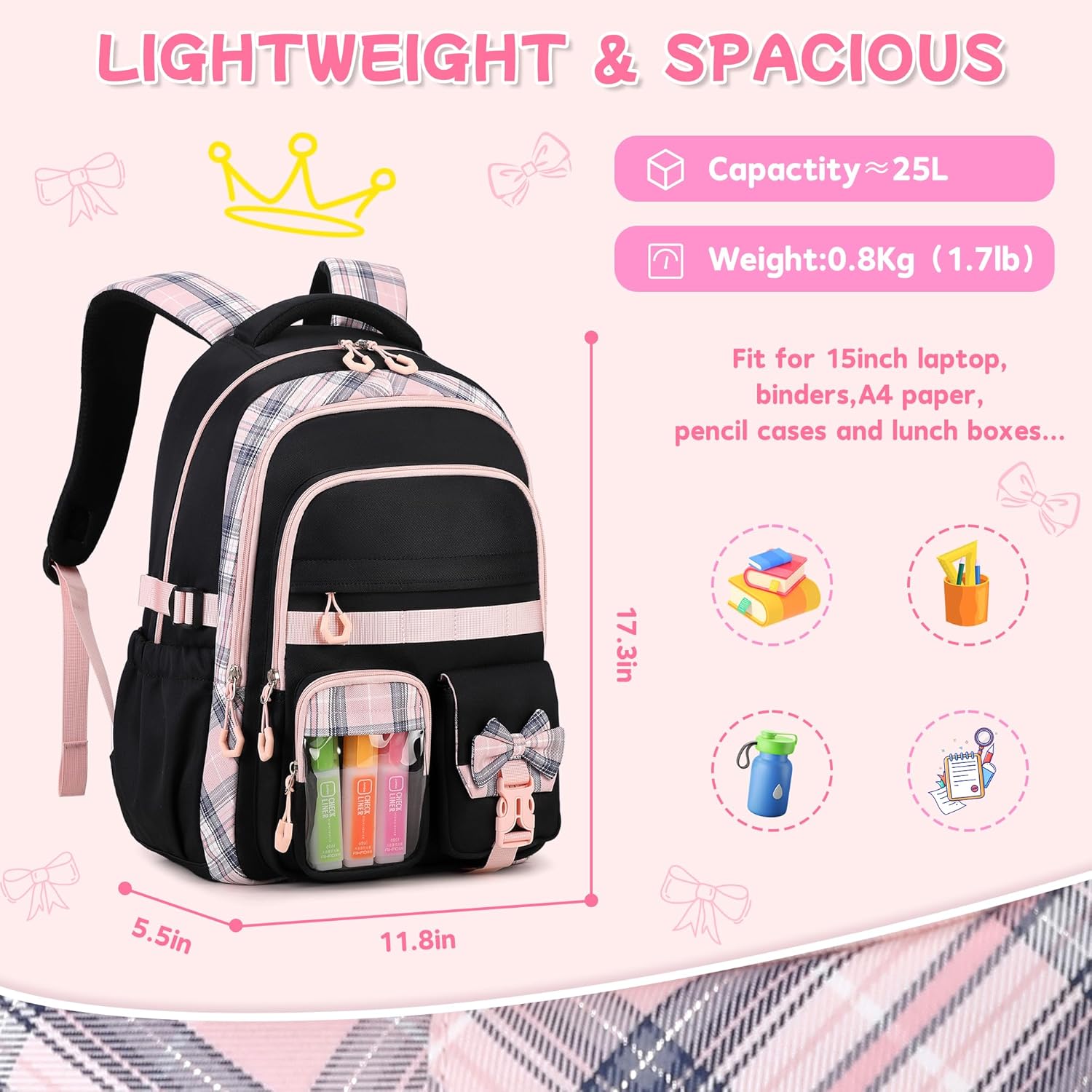 Girls Backpack, 17-Inch Bookbag for Middle & Elementary School, Kawaii Kids Backpack for Girls Ages 6-12(Black Pink) - Image 3