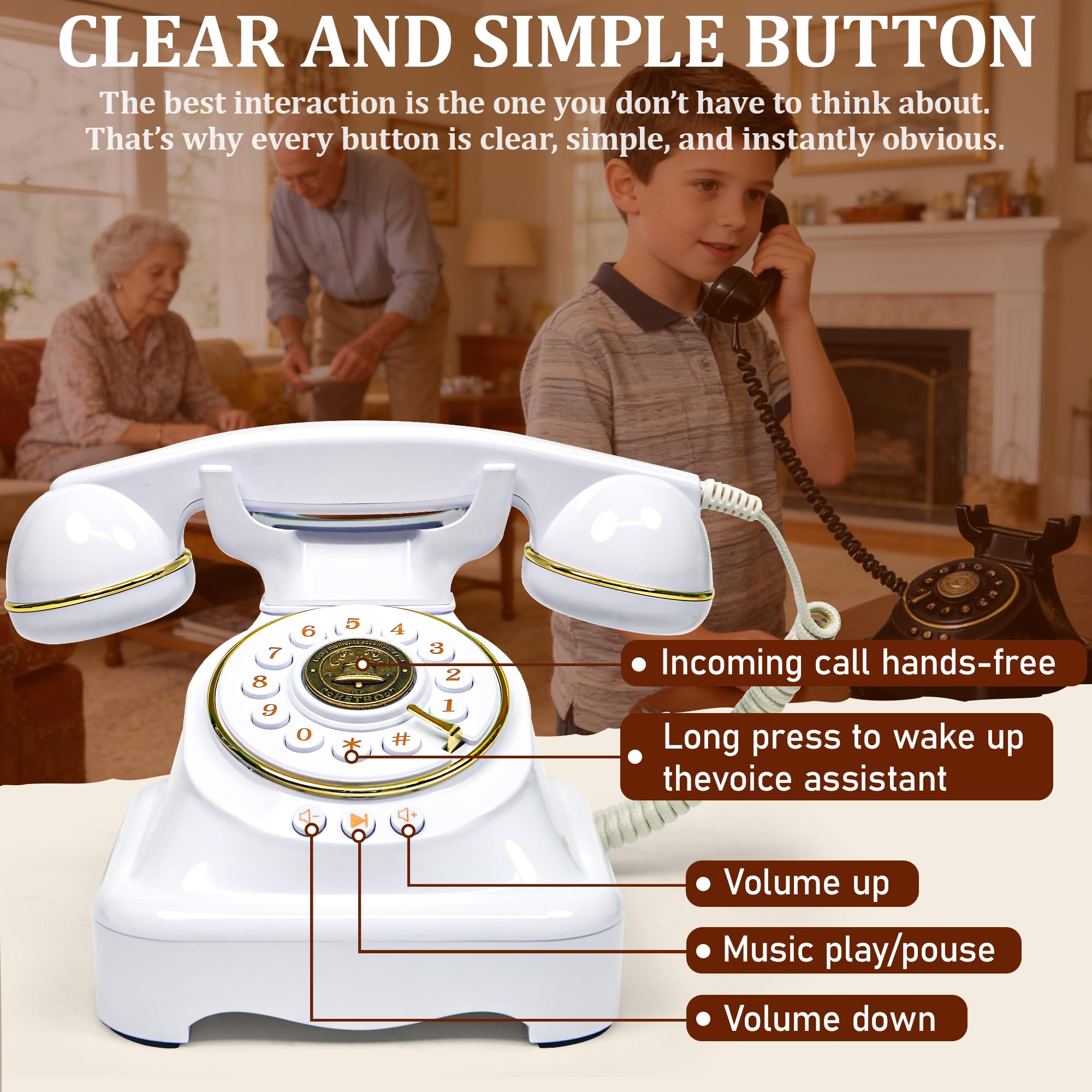 Telefono Bluetooth retrò, classico telefono fisso Bluetooth con vivavoce e ricaricabile USB, chiamate in vivavoce e riproduzione di musica per casa, ufficio, soggiorno, comodino (grande