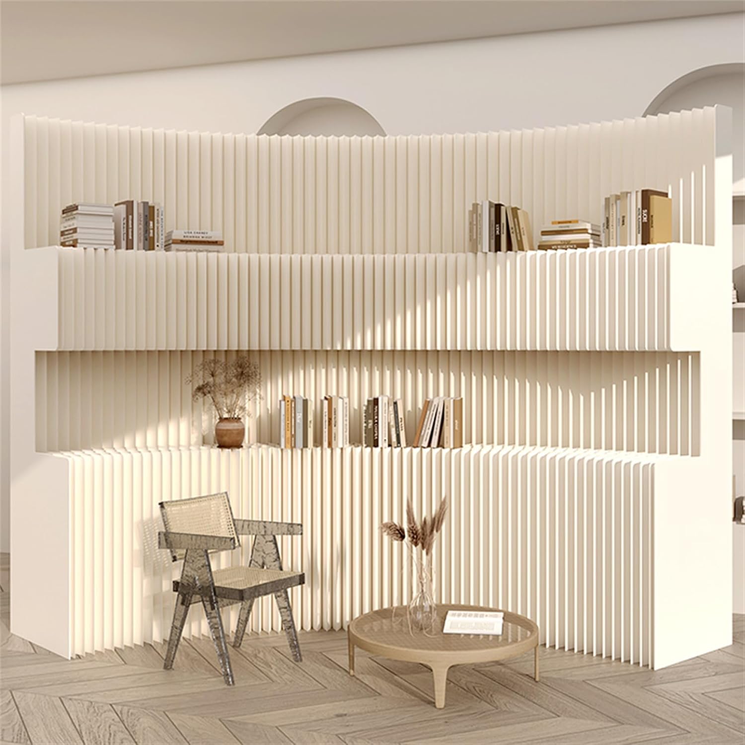 Folding Paper Partition Room Divider with 2 Layered Display Storage Shelves, Portable Privacy Screen for Room Separation, Multi-Functional Wall Divider for Home Office Trade Show Salons Party Events