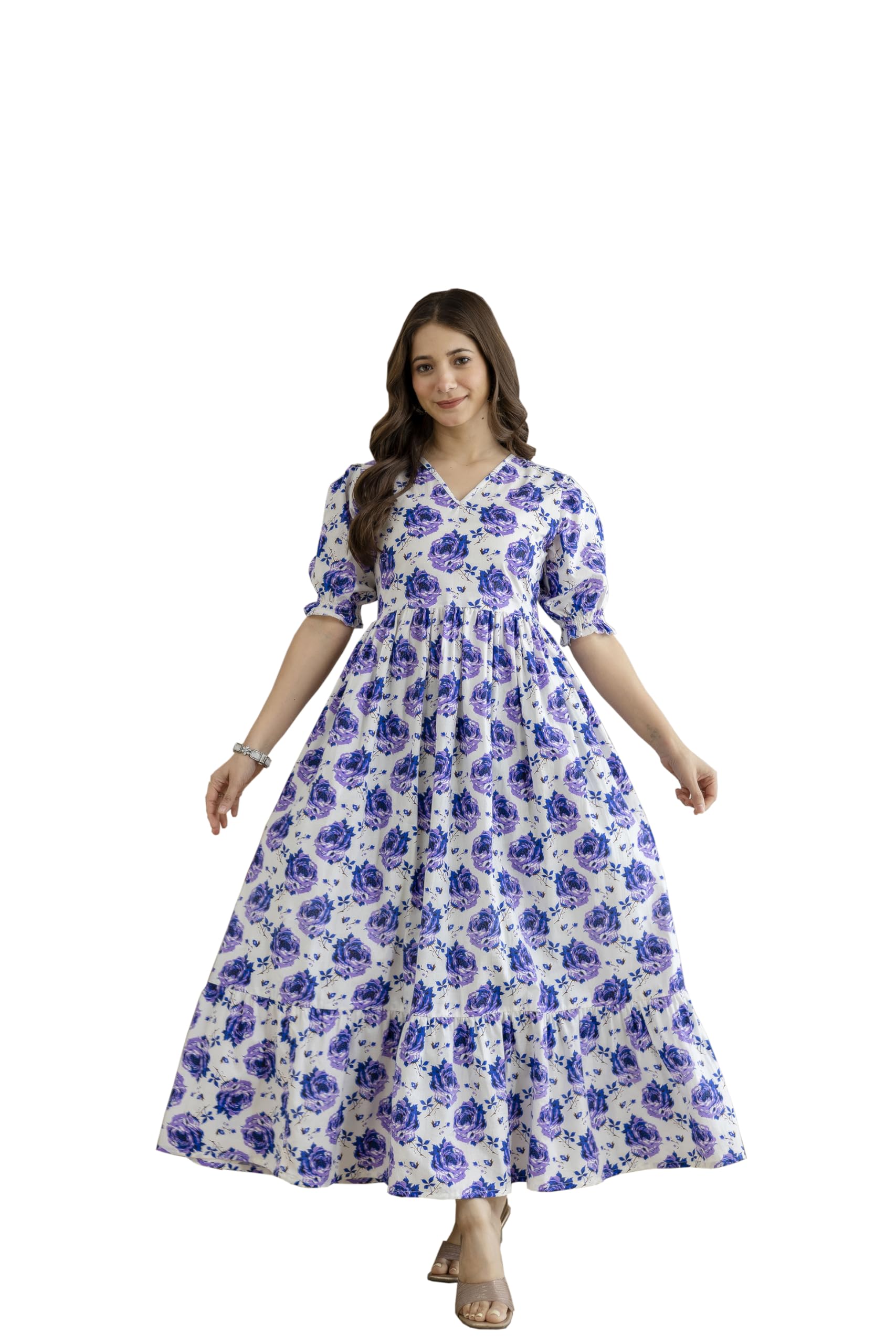 New Cotton Floral Printed Flared Maxi Dress for Women | Women Flared Gown-image-6