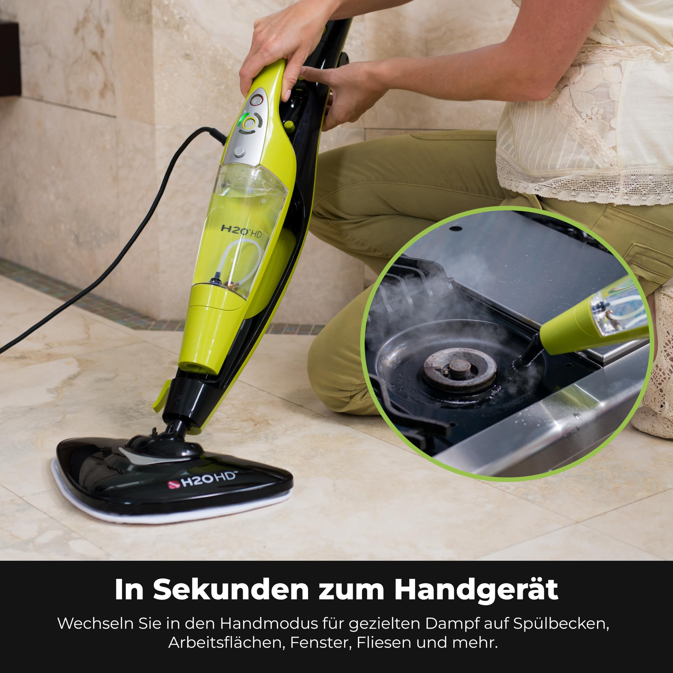 H2O HD Chemiefreier Dampfbesen & Handdampfer 1500W | Entfernt bis zu 99,9% der Bakterien, 450ml Tank, <30s Aufheizzeit, für Familien & Haustiere