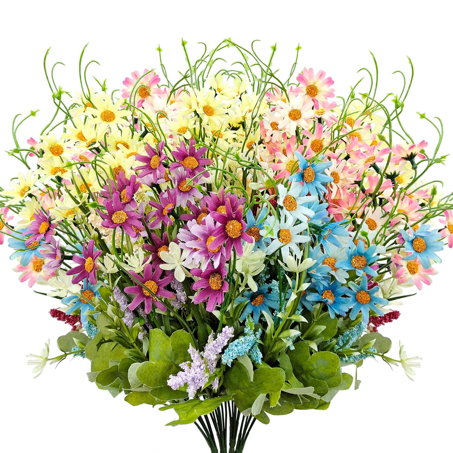 Silk Artificial Daisy Flowers Fake Floral Bulk UV Resistant Wildflowers Bouquet Arrangement for Outdoor Home Indoor Table Office Garden Wedding Decoration (Multicolor), 4 Pcs