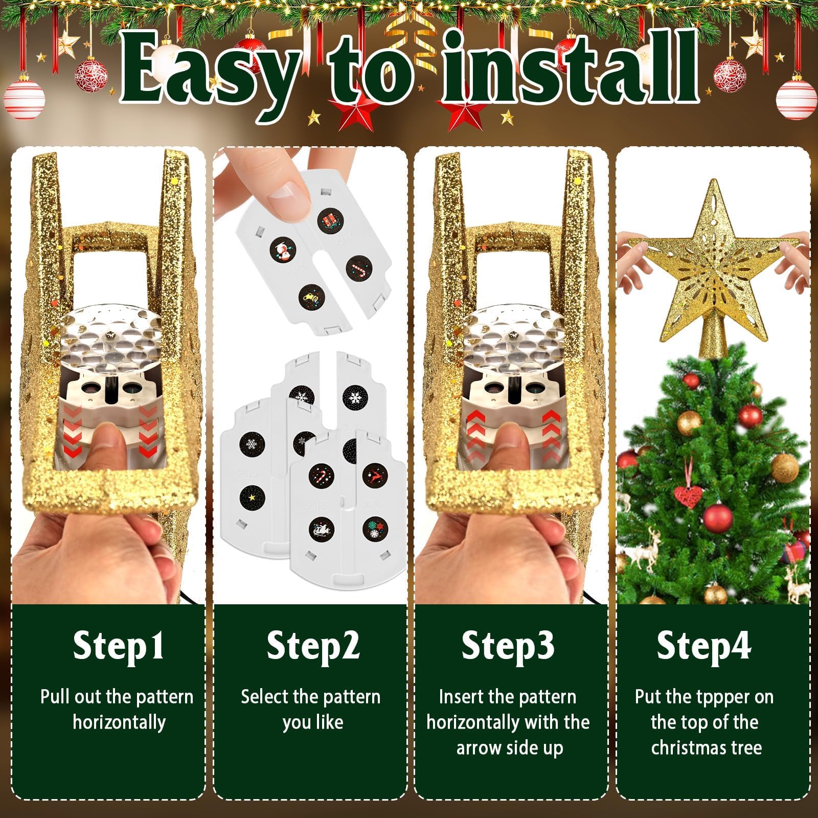 CAUTIOUS Étoile Sapin de Noel, Or Étoile pour Sapin de Noël 6 Modes de Projection avec Projecteur Dynamique LED Rotatif Intégré, pour Decoration Arbre Topper Interieur