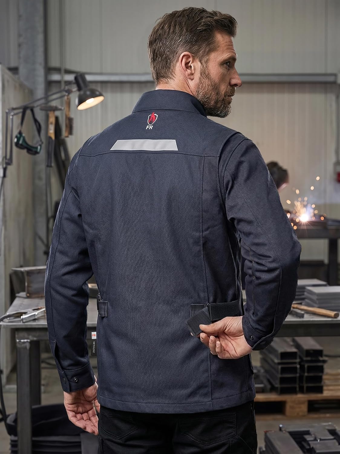 FR Welding Jacket for Men, 9.5 oz 100% Cotton Flame Resistant Work Jacket, NFPA 2112, Reflective Back Strip