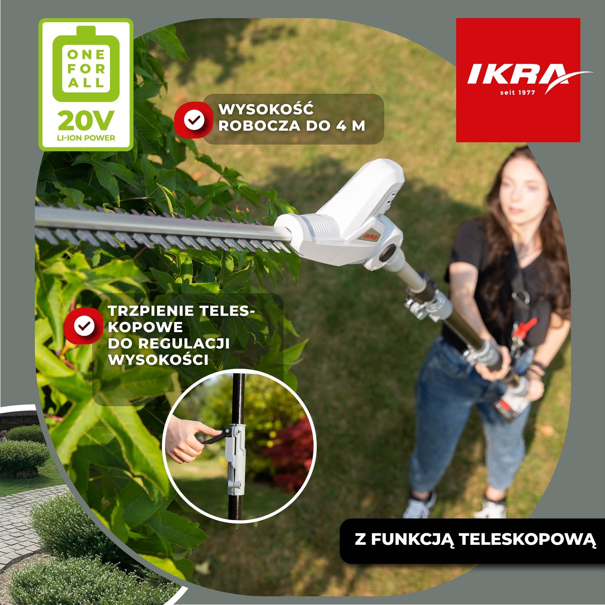 IKRA Nożyce akumulatorowe teleskopowe do żywopłotu ICPH 2040, 40 cm | Teleskop 220–275 cm: większy zasięg pracy, grubość cięcia 18 mm, akumulator 20 V 2,0 Ah, ładowarka i pas w komplecie