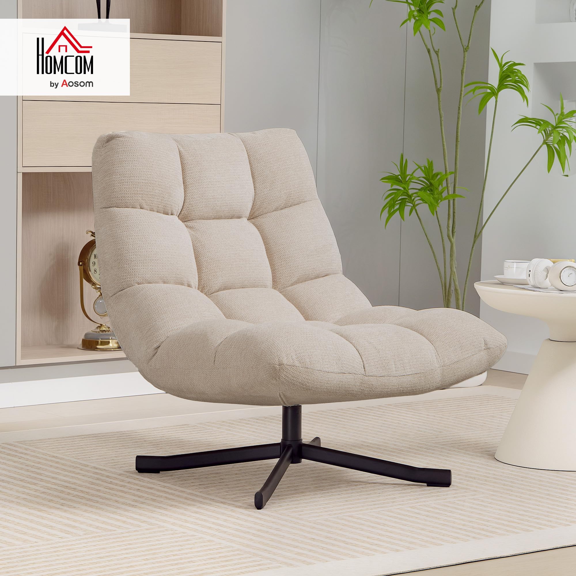 HOMCOM Sillón Giratorio Moderno, Butaca de Salón con Respaldo Plegable, Base de Cruz, Tapizado en Chenilla Impermeable, Asiento Extra Ancho y Patas de Acero, para Sala de Estar, Dormitorio, Crema