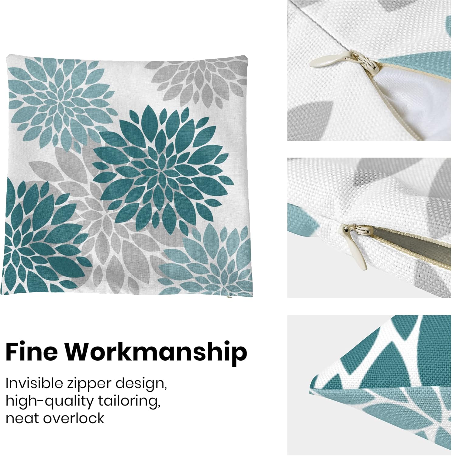 Teal Pillow Covers 18x18 Inch 2 Pcs,Turquoise Colored Geometric Dahlia Decorative Throw Pillows,Summer Gray Aqua Flower Outdoor Decor Pillowcase Linen Square Cushion Cover Gift for Porch Patio Couch : Home & Kitchen