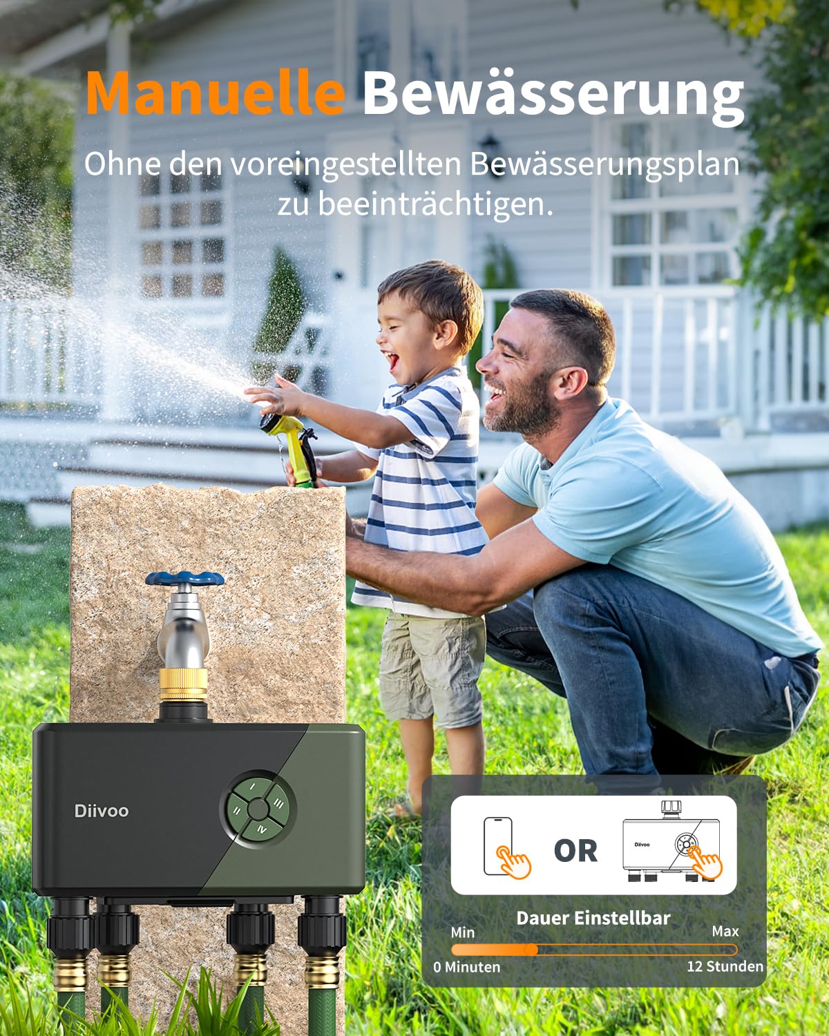 Diivoo Bewässerungscomputer 4 Ausgänge WLAN mit Messingeinlass, Smart Wasserzeitschaltuhr Garten kompatibel mit Alexa/Google Assistant, 24 Pläne, Regenverzögerung & Nebelmodus für Garten Rasen
