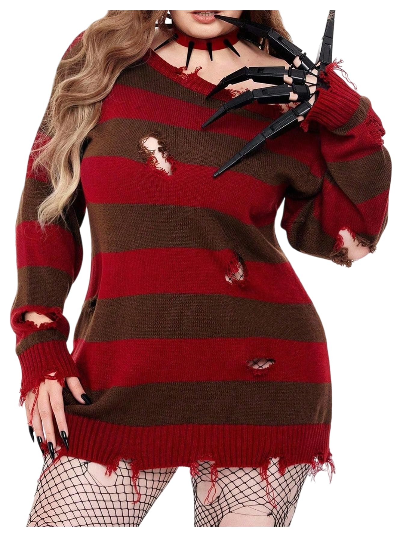 Womens Plus Size Striped Off The Shoulder Sweater Gothic Distressed Long Sleeve Grunge Punk Jumper Pullover Tops