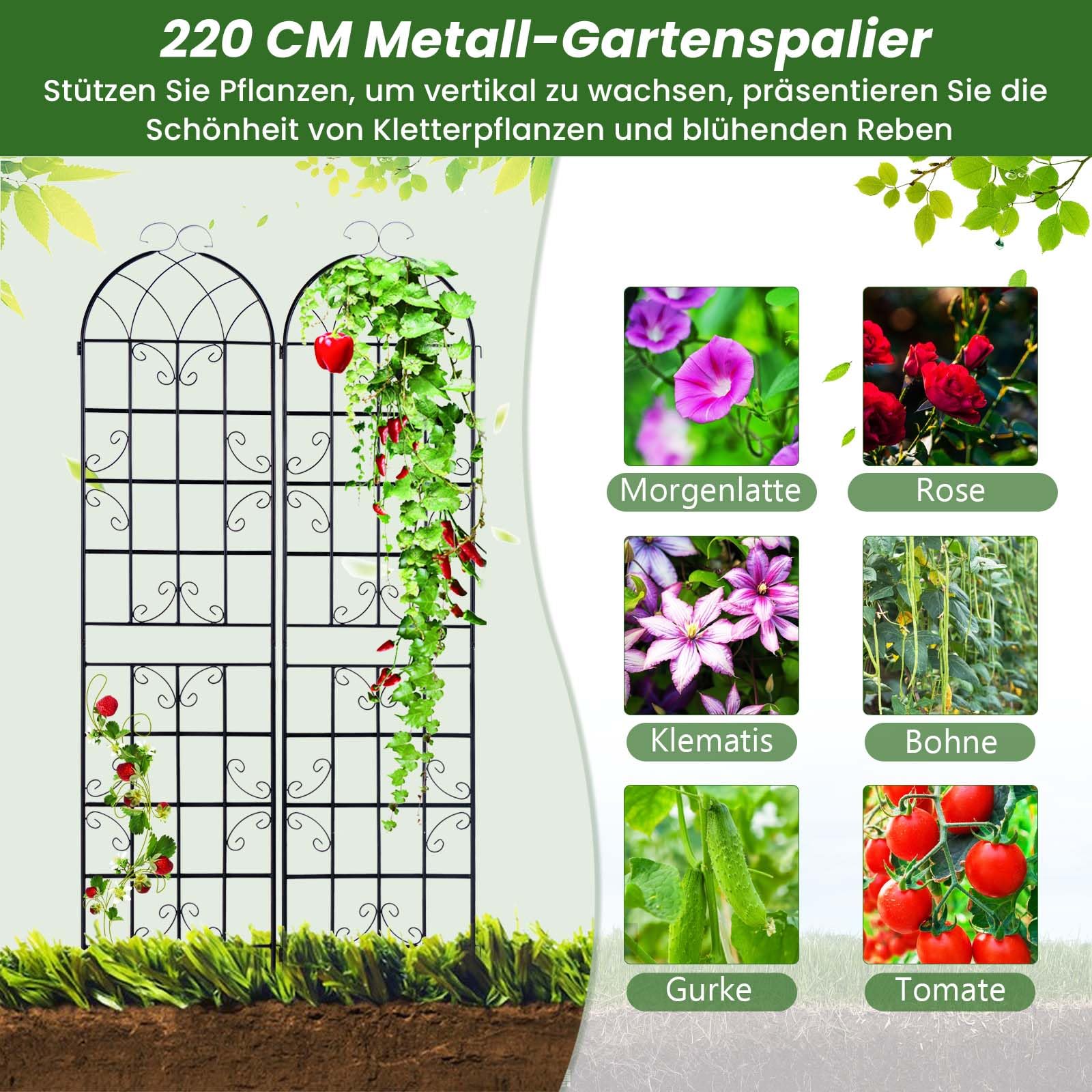 GOPLUS Rankgitter Metall 220cm hoch, 2er Set Rankhilfe, Rosenspalier mit Ranknetz, dekorativer Rosengitter, freistehende Gartenzaun Pflanzengitter für Kletterpflanzen, Blumen, zum Stecken, 220 x 50 cm