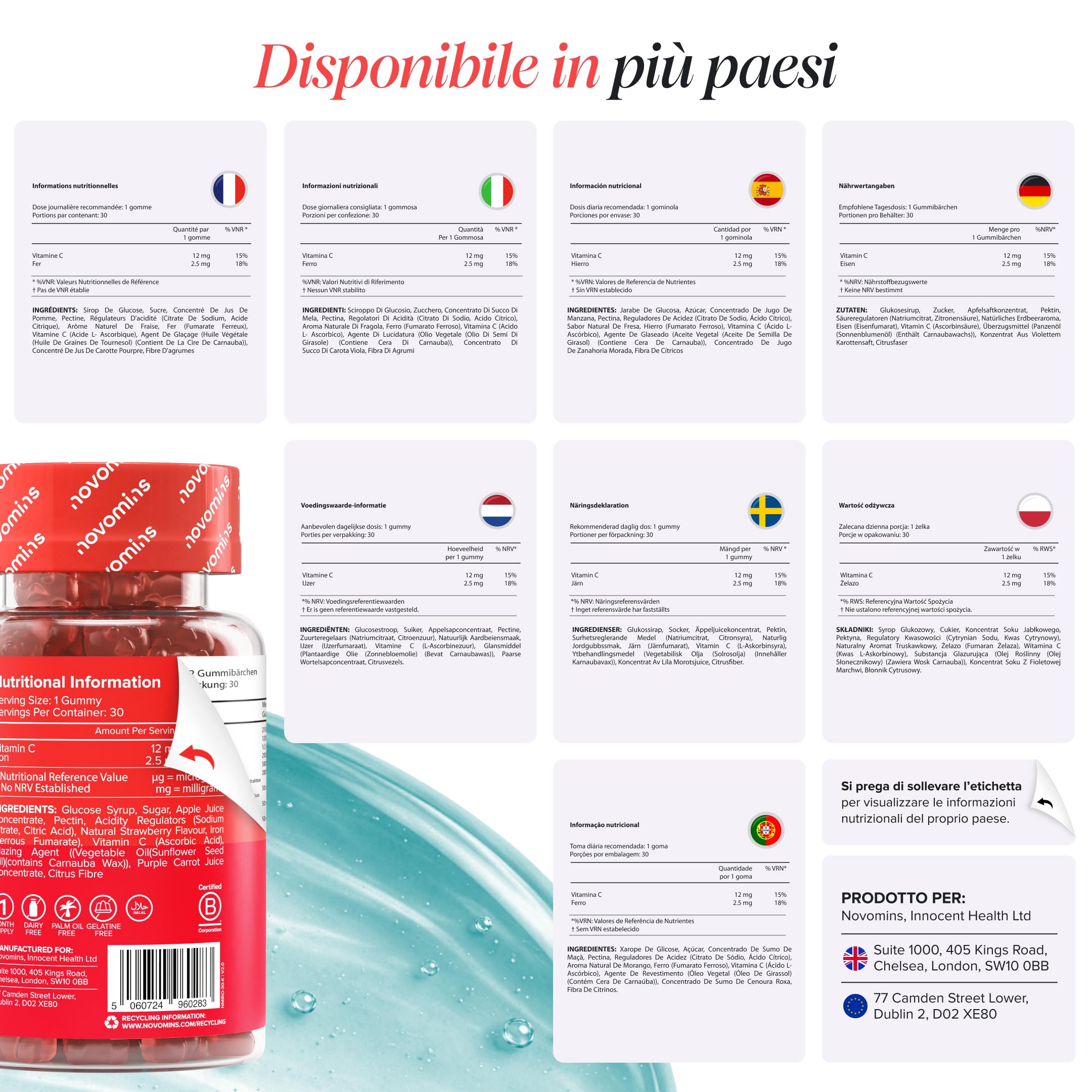 Ferro Bambini Gommose – Ferro + Vitamina C per l'Assorbimento – Energia, Globuli Rossi e Difese – Vegano, Senza Glutine – 30 Gommose Gusto Fragola – Novomins
