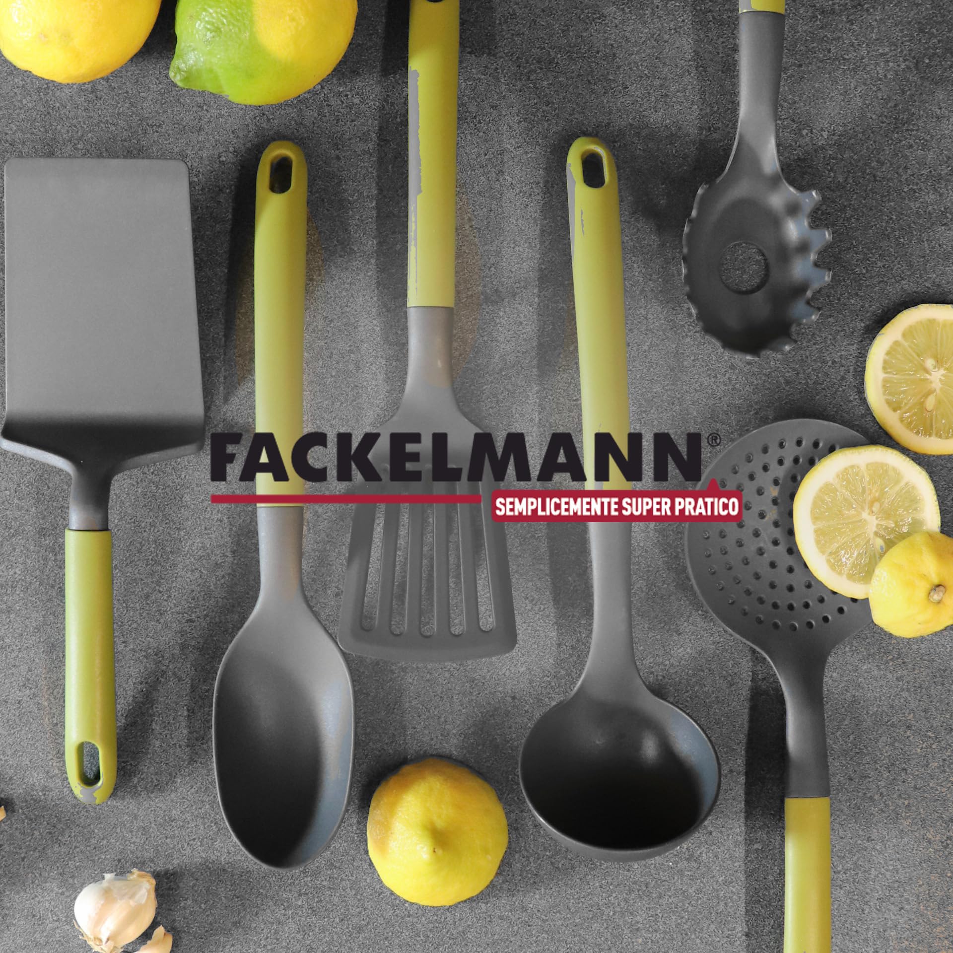 Fackelmann Set di utensili da cucina 6 pezzi, mestoli in nylon, utensili lavabili in lavastoviglie, mestoli da cucina resistenti al calore fino a 200 °C, Linea Oliva