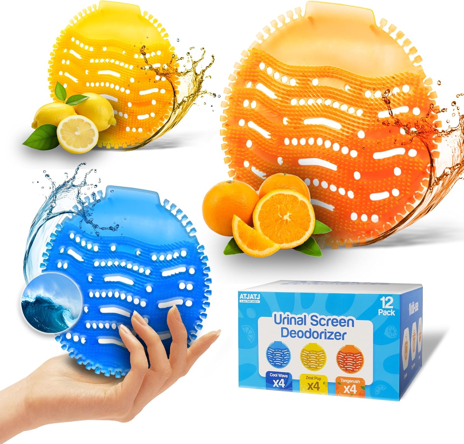 12 Packs Urinal Screen Deodorizer, 3 Fresh Scents, Ocean Breeze, Lemon, Orange, Splash Guard Odor Protection Deodorizer, Urinal Cakes, Urinal Pads Ideal for Men in School, Bathroom, Restroom, Office
