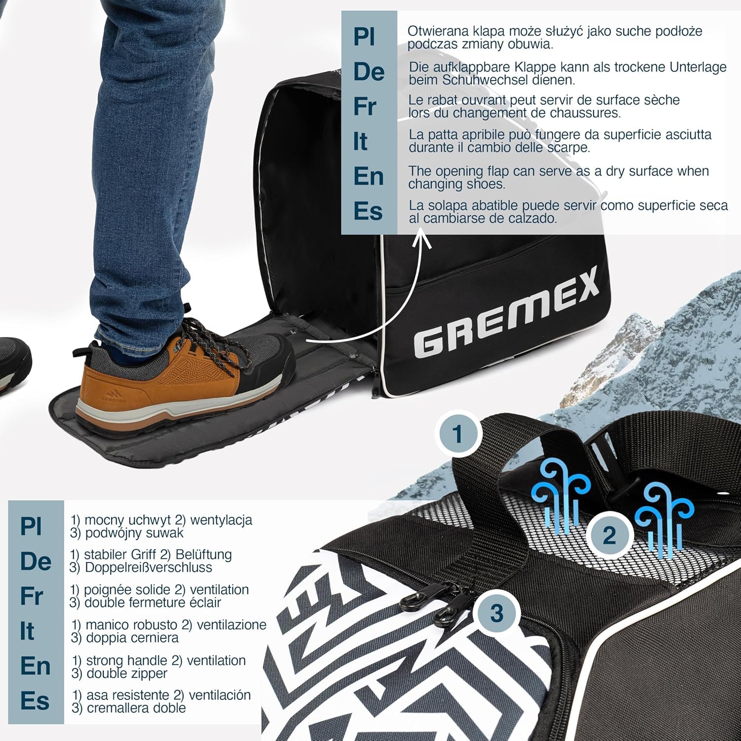 Torba na buty narciarskie z przegrodą na kask - Niezawodny i Wodoodporny plecak na buty narciarskie - Wytrzymały dzięki tytanowym szwom - Wygodny do transportu, podróży i ochrony sprzętu