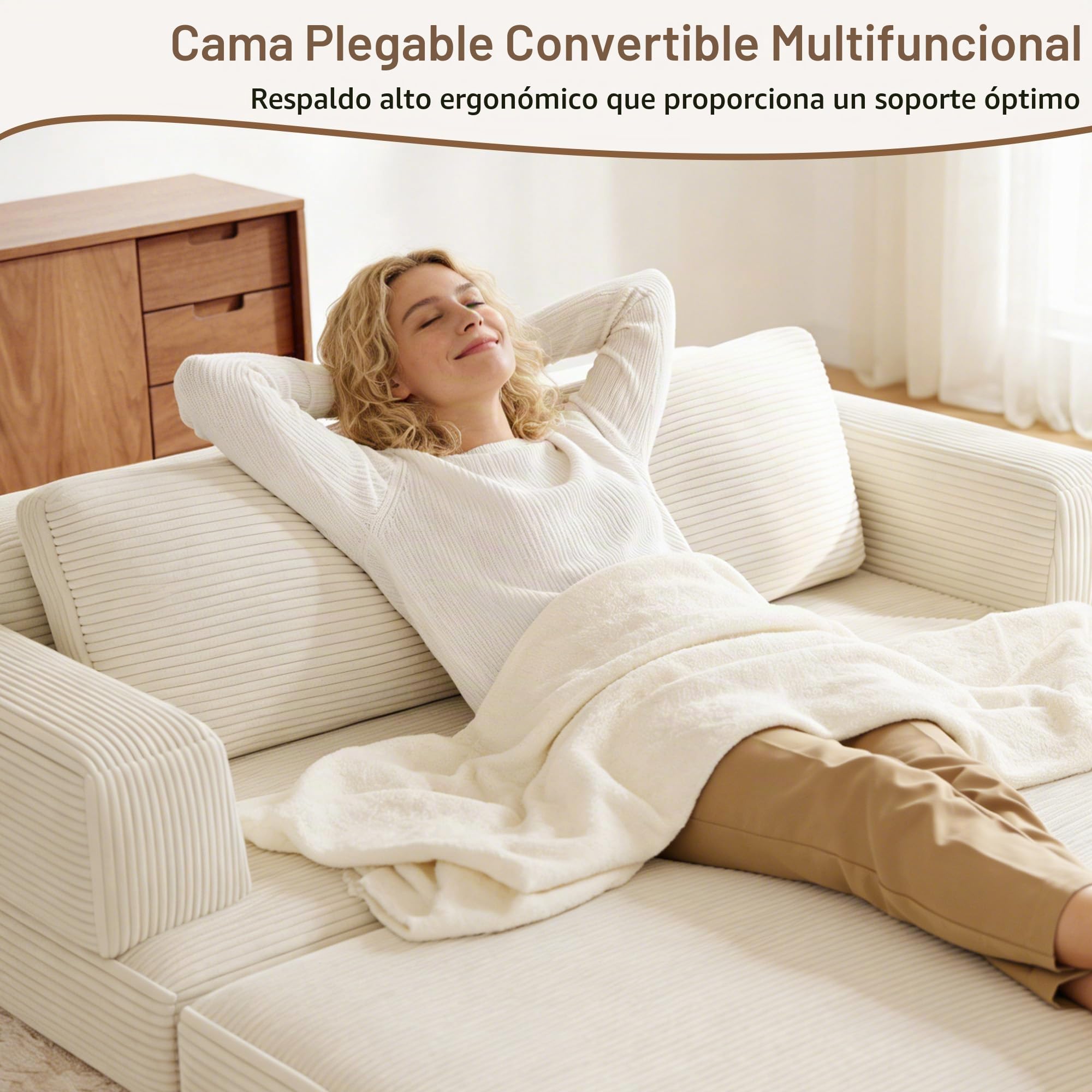 Sofá Cama 2 Plazas 160 cm, Sofá de Suelo Modular con Función de Dormir, Sofá de Nubes de Pana con Cojín para Sala de Estar y Dormitorio (Blanco)
