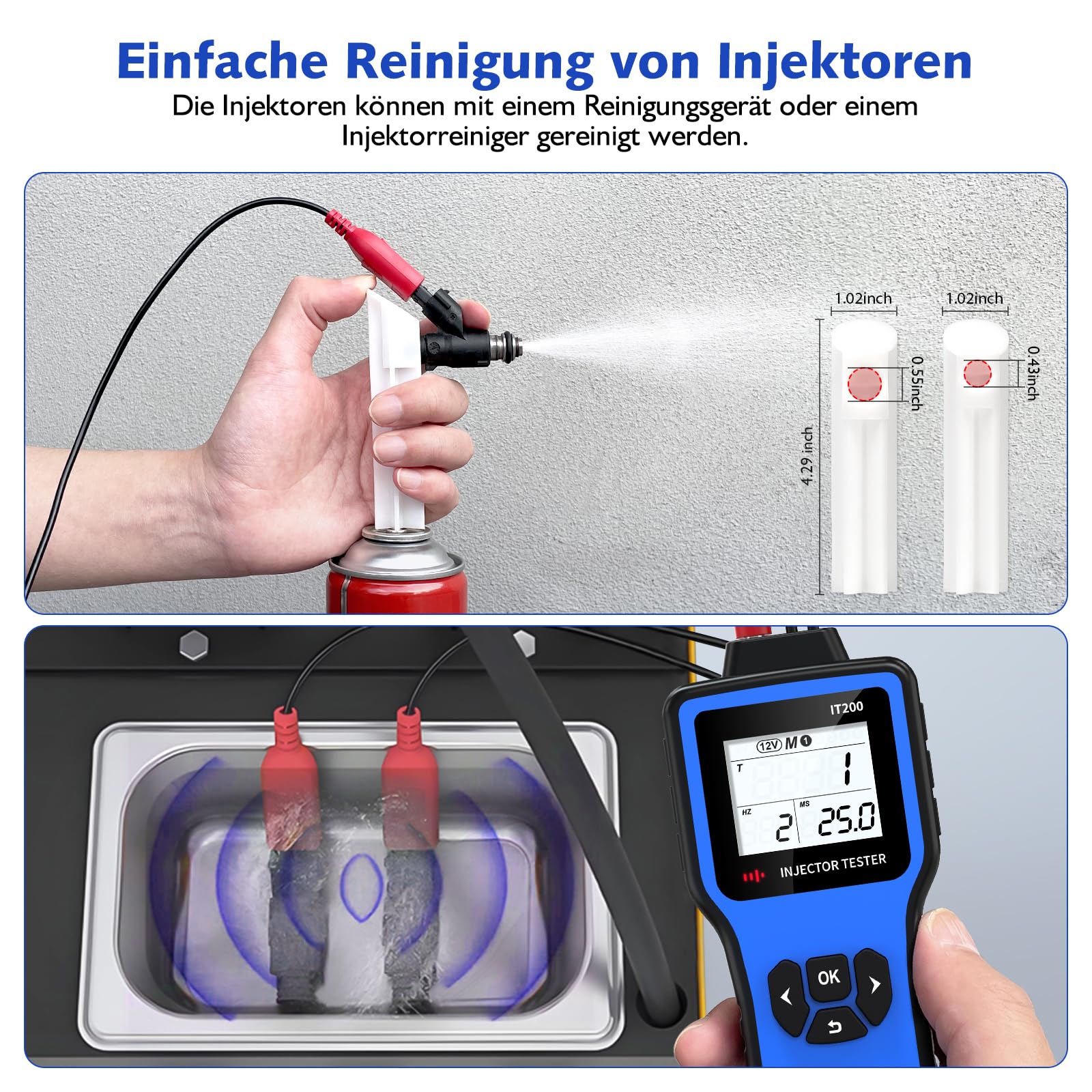 OBDResource Digitaler 5V/12V Diesel Benzin-Einspritzdüsen-Tester mit 5 Test-Modi und HD-Display, 2 Einspritzdüsen-Reiniger-Adapter