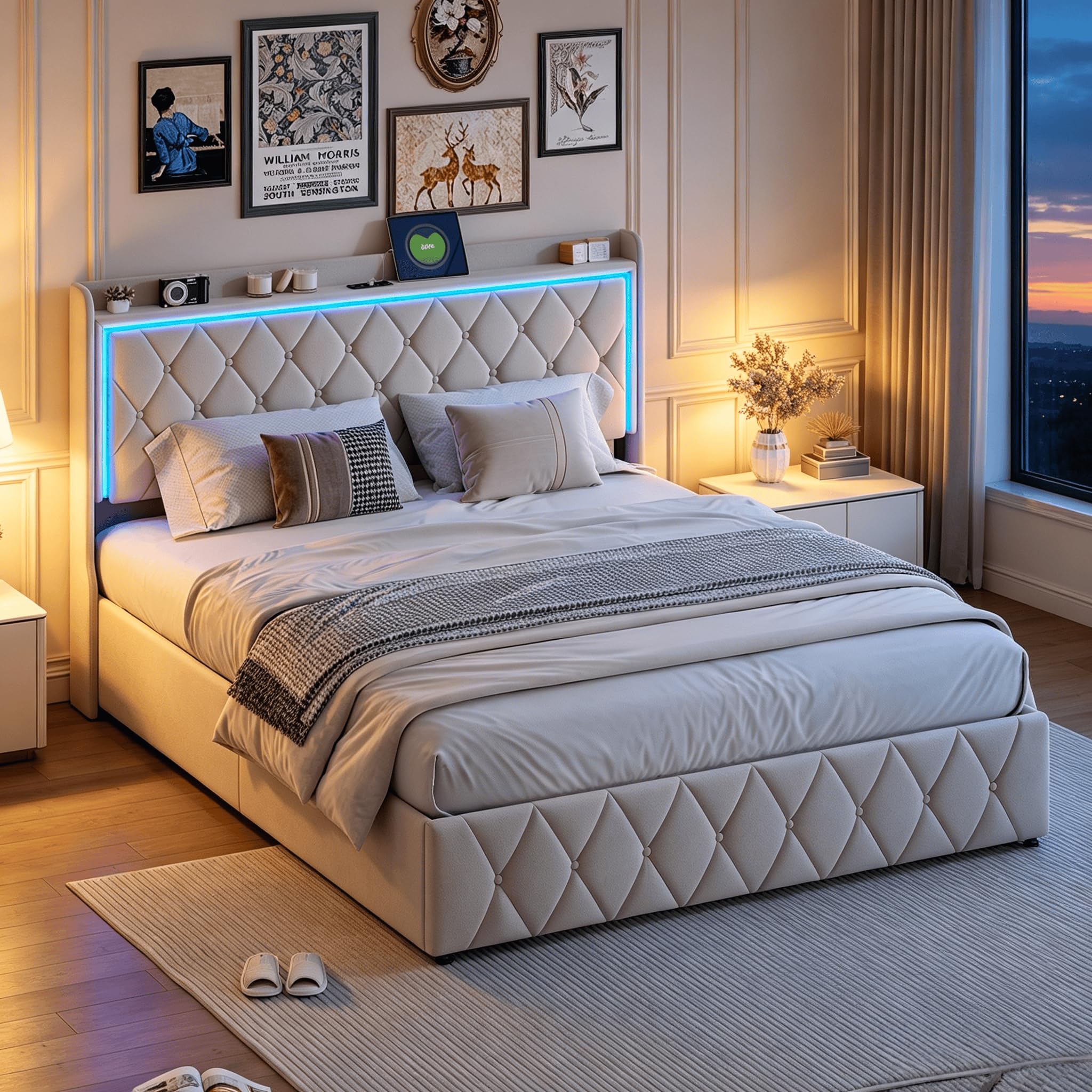 Cama Canapé 140x190 cm con LED y USB, Cama Doble Tapizada en Terciopelo Beige con Somier de Lamas, Cabecero con Almacenaje, Diseño Capitoné (Beige A, 140x190cm)