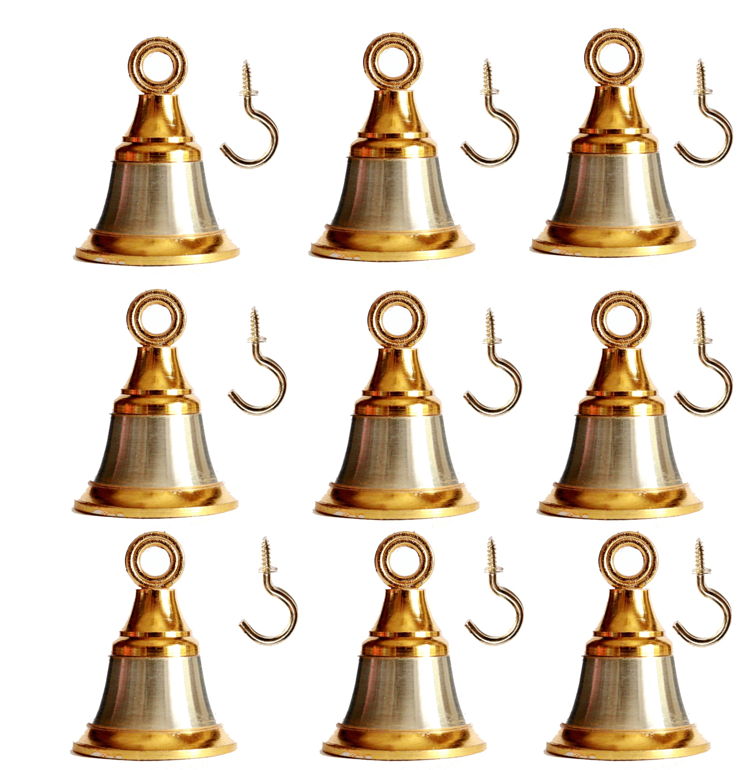 NANNUDECO Solid Brass Pooja Bells with J Hook Home Decor Christmas Bell Wall Hanging Jingle Bell Ornaments New (12, Golden & Silver Bell 2 INCH), 545646S