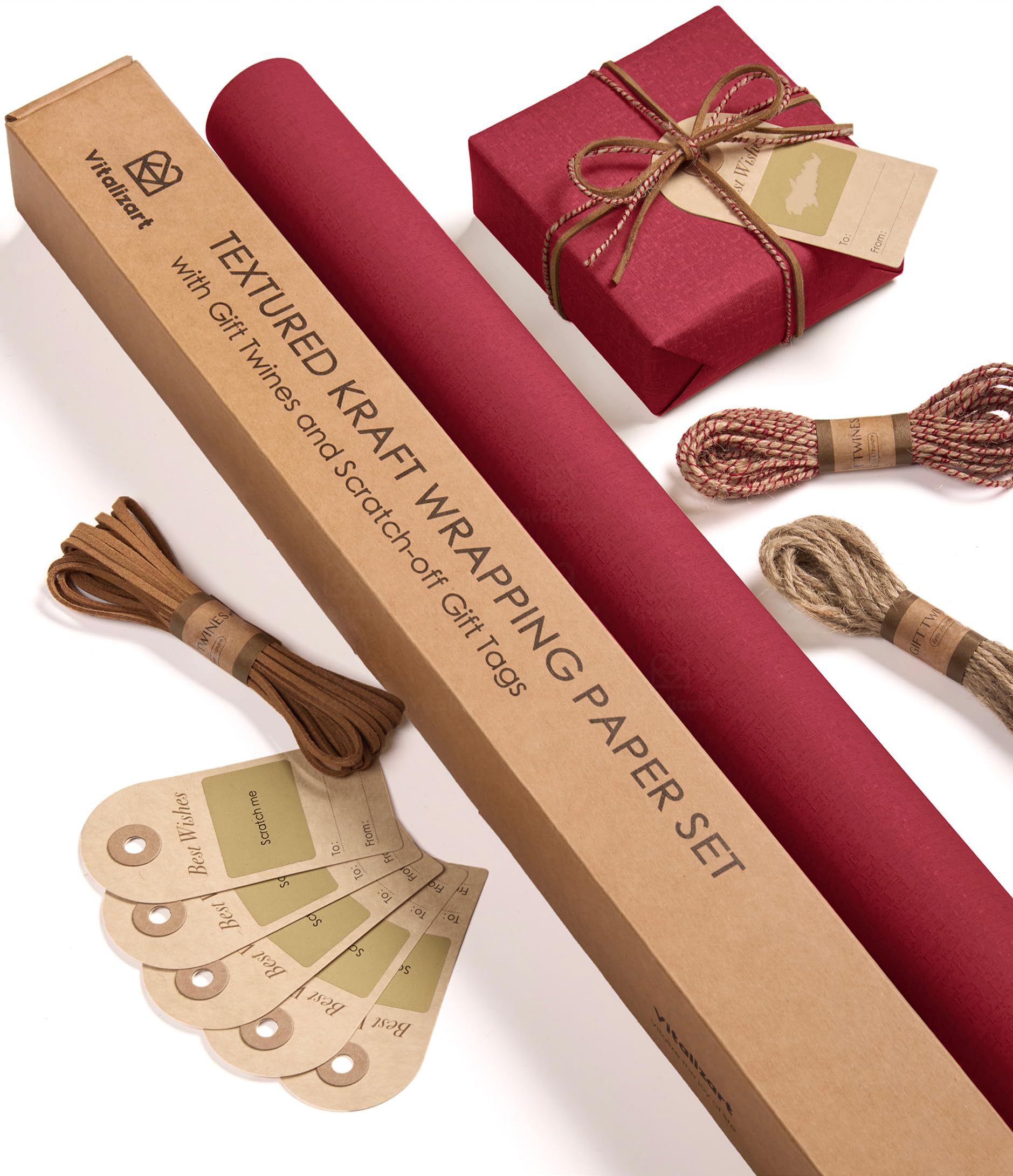 Vitalizart Kraft Wrapping Paper Roll 76 cm x 5 m with Twine Ribbons & Gift Tags Extra Thick All-in-One Set for Christmas Birthday Baby Shower Wedding Gift Wrapping Handmade Crafts Burgundy Red