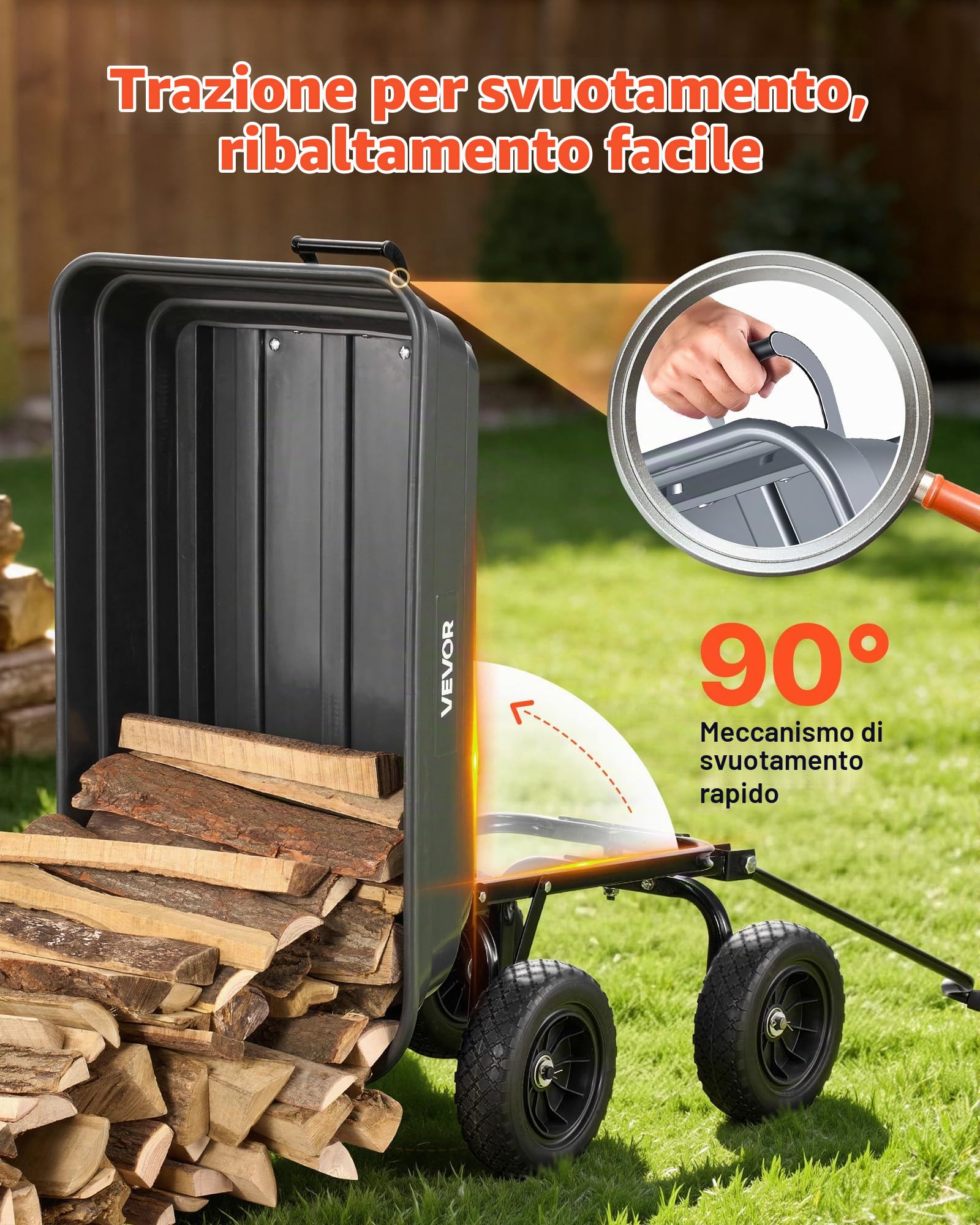 VEVOR Carrello da Giardino Ribaltabile a Mano Carico di 272 kg, con Meccanismo di Scarico Rapido, Ruote Girevoli, Cuscinetti Rotanti Flessibili, Carrello da Giardino per Piante, Terreno, Colture