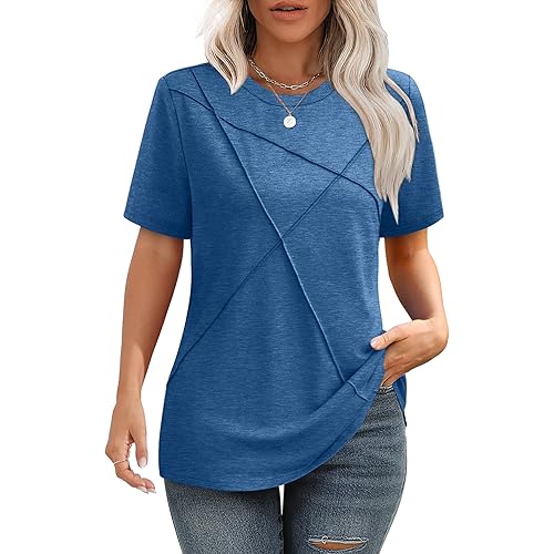 XIEERDUO Womens Summer Tops 2025 Pleated Round Neck Short Sleeve Shirts Business Casual