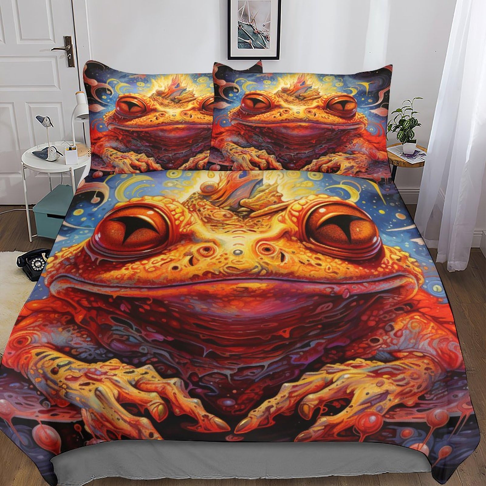 Frosch-Bettwäsche-Set, 3D-Druck, Bettbezug-Set mit Kissenbezügen, Tier-Bettbezug, Heimtextilien, Doppelbett (200 x 200 cm)