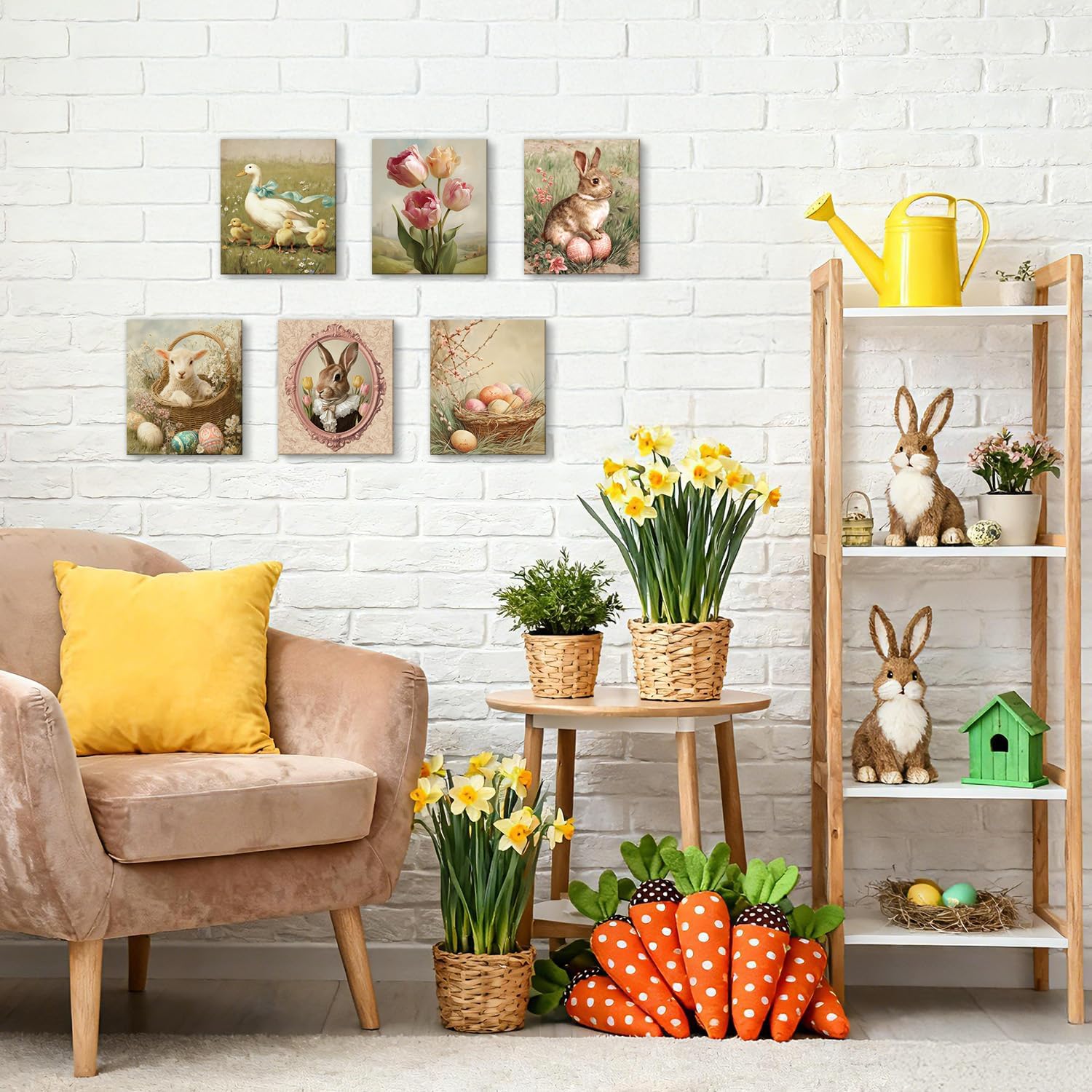 HPNIUB Vintage Easter Wall Decor, Funny Rabbit Canvas Wall Art for Nursery, Set Of 6 Piece (8x10inch,Framed) Spring Flower Pictures, Farmhouse Easter Eggs Bunny Painting Decoration for Living Room