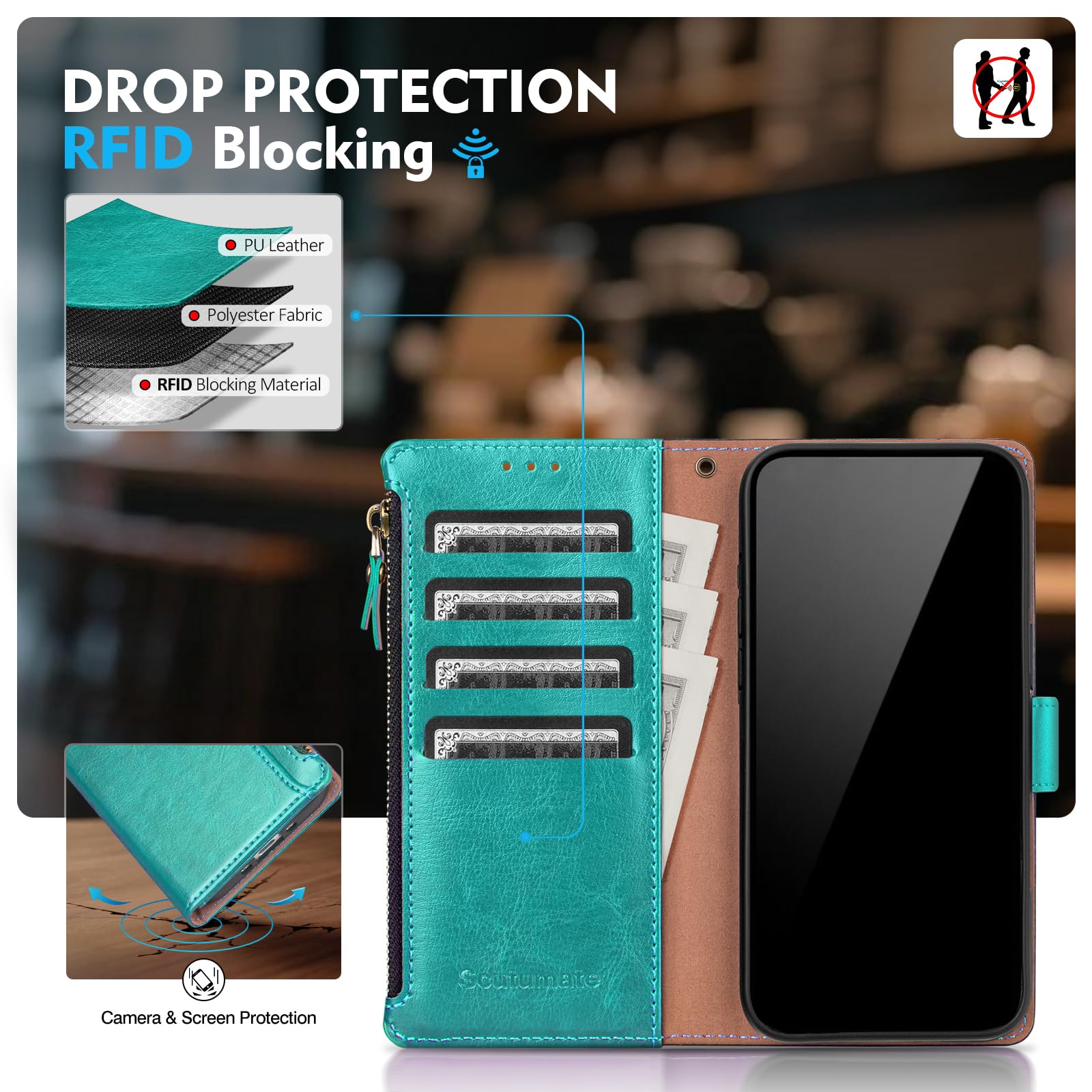 Custodia a portafoglio compatibile con iPhone 13 con porta carte di credito, blocco RFID, cerniera, in pelle PU, con cinturino da polso, slot per carte di credito, uomini e donne, per Apple