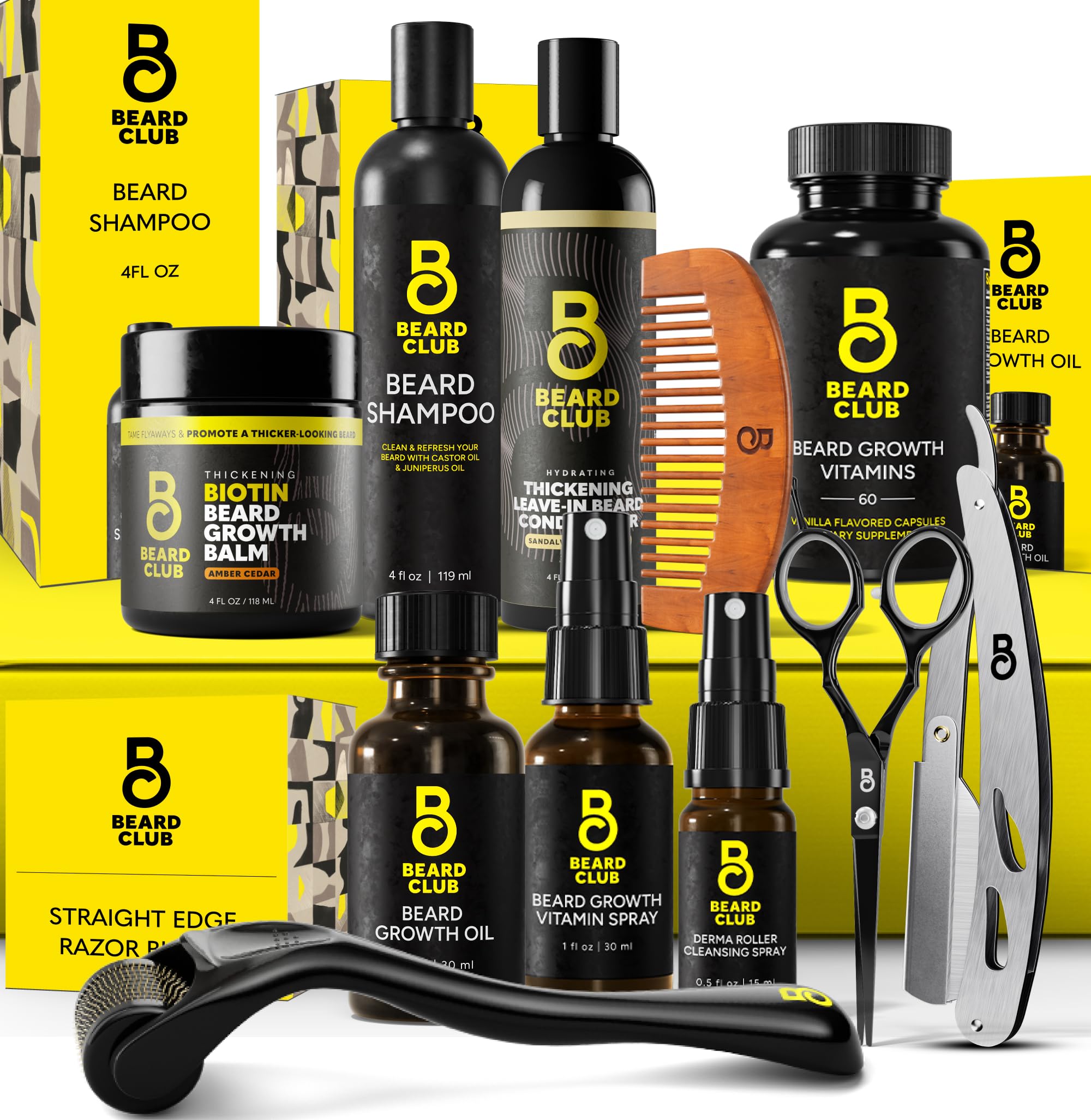 The Beard Club Titanium Beard Growth Kit - Derma Roller Growth Oil Vitamins Vitamin Spray Biotin Balm Thickening