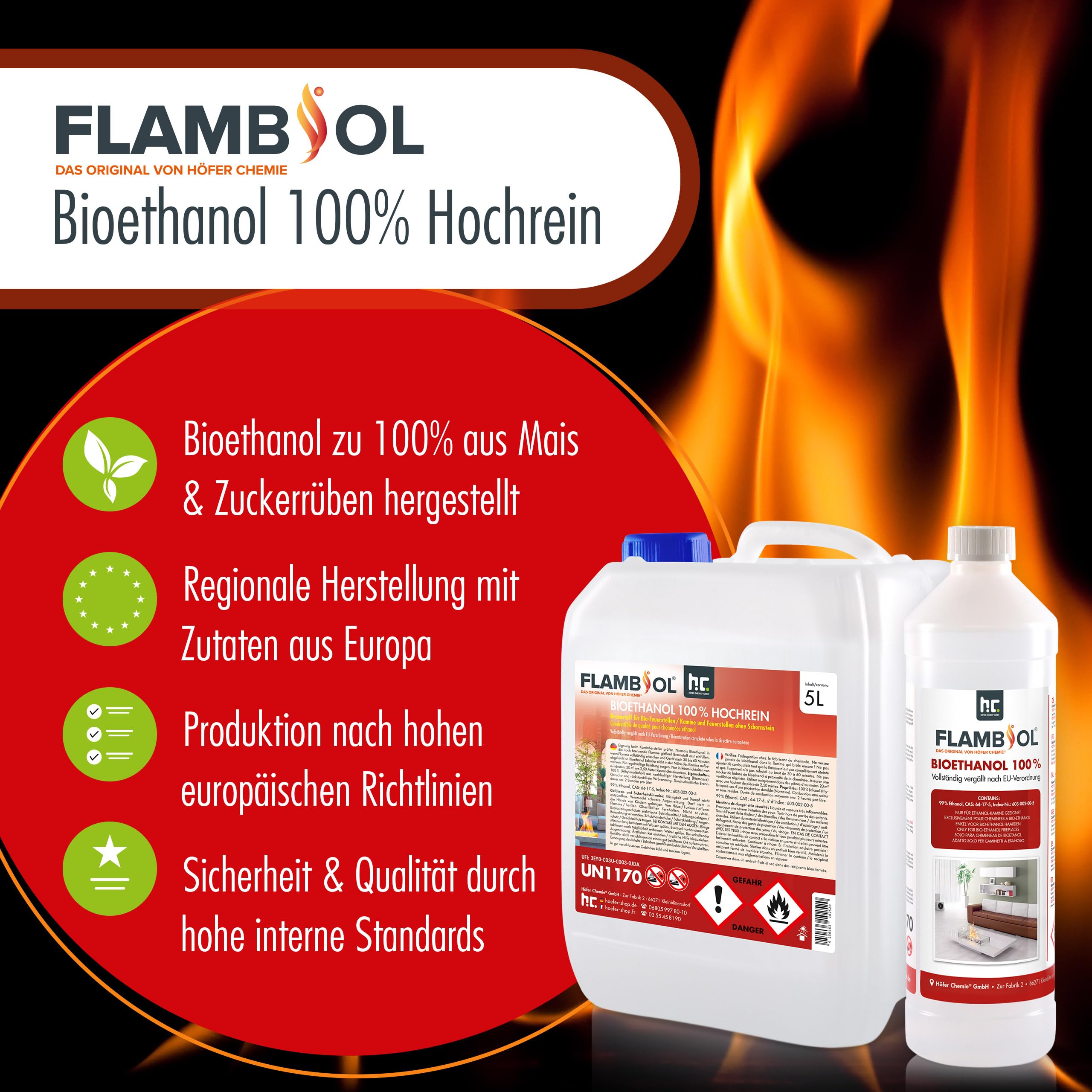 FLAMBIOL 4 x 20 L Bioethanol 100% für Ethanol Kamin, Ethanol Feuerstelle, Ethanol Tischfeuer und Bioethanol Kamin von Höfer Chemie