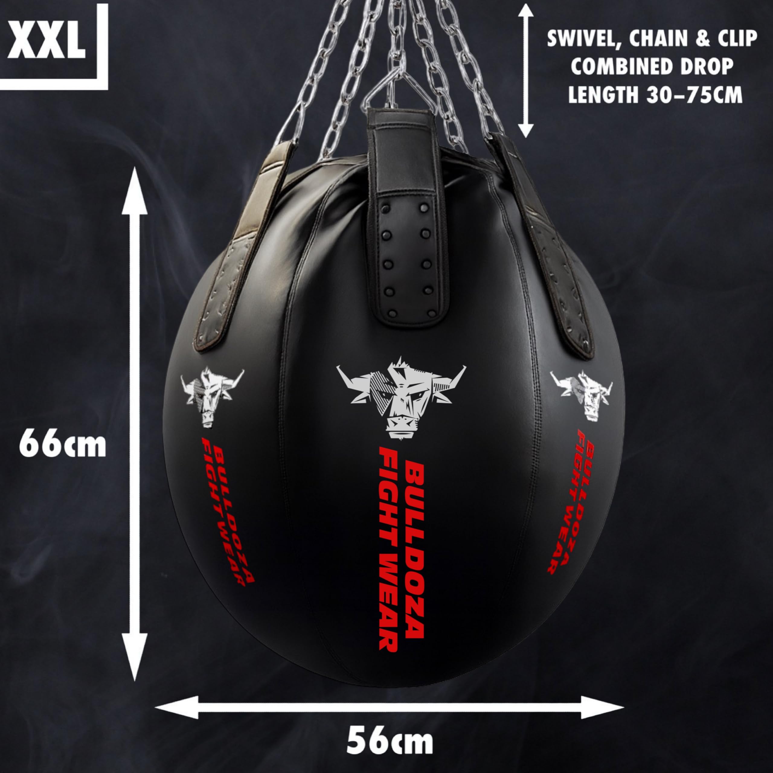 Sacco da boxe XXL BULL DOZA Wrecking Ball (66 × 56 cm) – Borsa uppercut avanzata per boxe, MMA e Muay Thai – Design ad angolo a 6 pannelli con catene, girevoli e clip