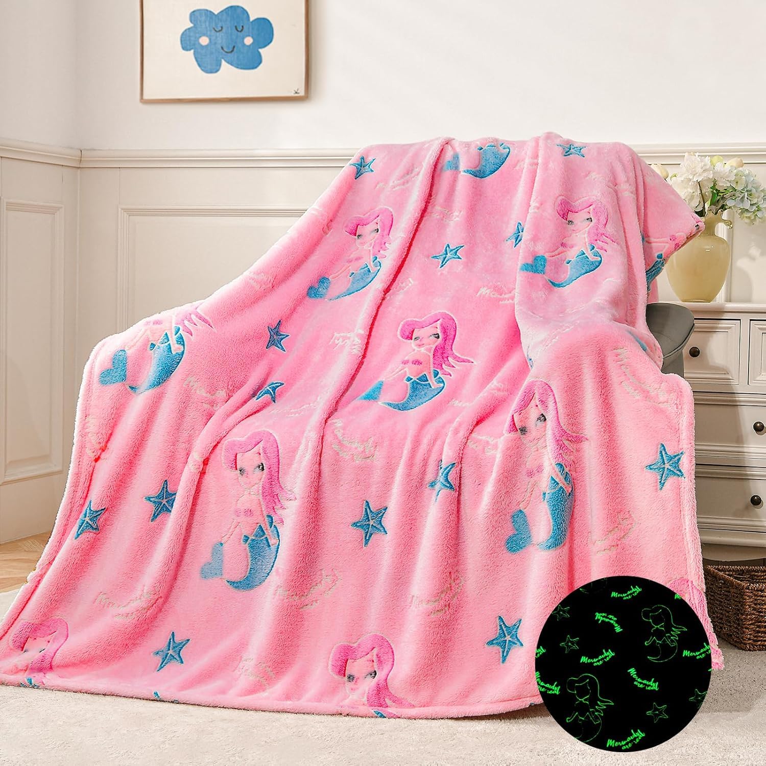 TONY STARK Big Size Unicorn Glow in The Dark Blanket for Kids, 0-15 Years |200x152 Cm| Soft Flannel Fleece Throw, Cozy & Warm All-Season Radium Blanket for Boys & Girls (Pink Mermaid Moonbeam)-image-47