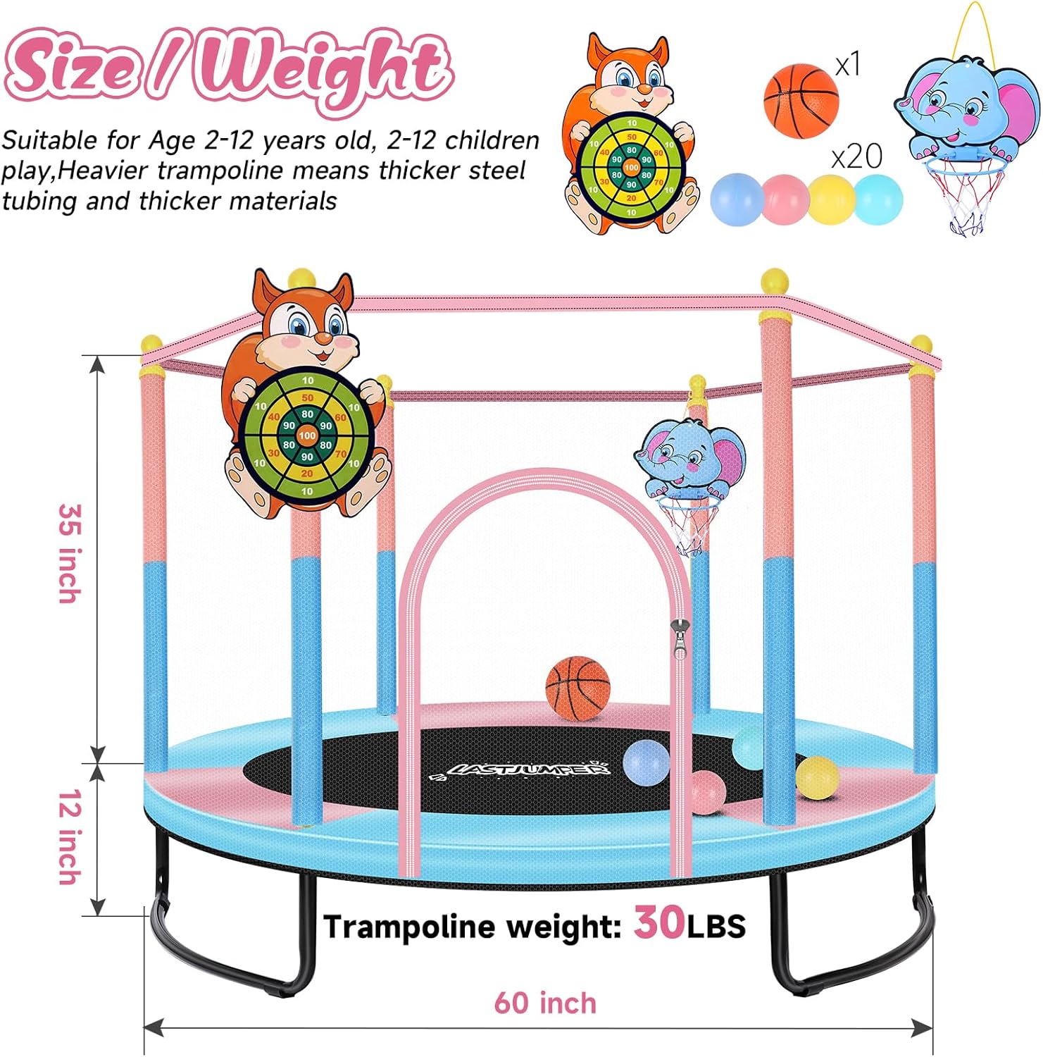 Pink Indoor Trampoline for Kids 2-5, 5ft Mini Indoor & Outdoor Small Toddler Trampoline with Net and Basketball Hoop - Image 2