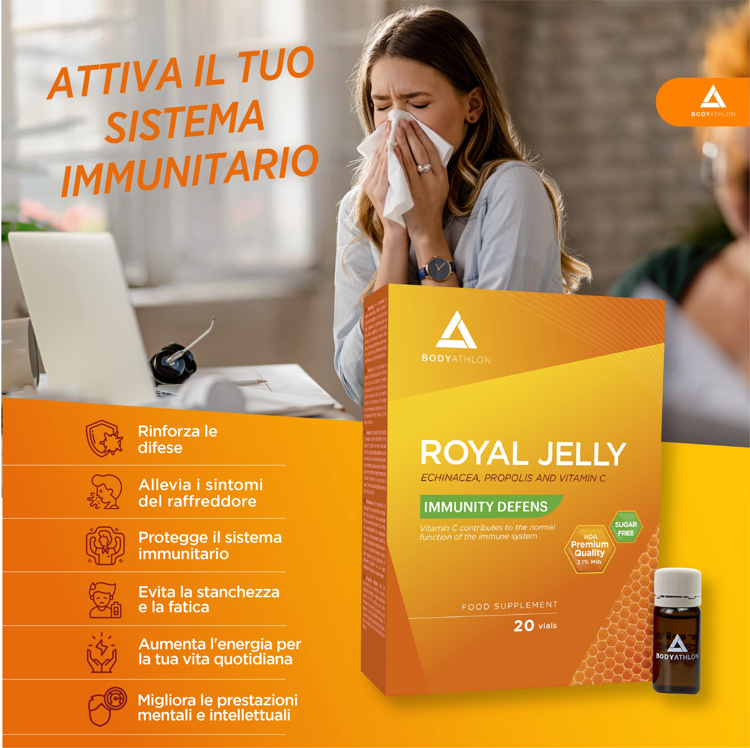 Bodyathlon- Pappa Reale Propoli, Echinacea Vitamina C- Echinacea difese immunitarie- Premium Quality- Royal Jelly flaconcini- Difese attive Senza Zucchero- Combatte fatica e stanchezza- 20 fiale