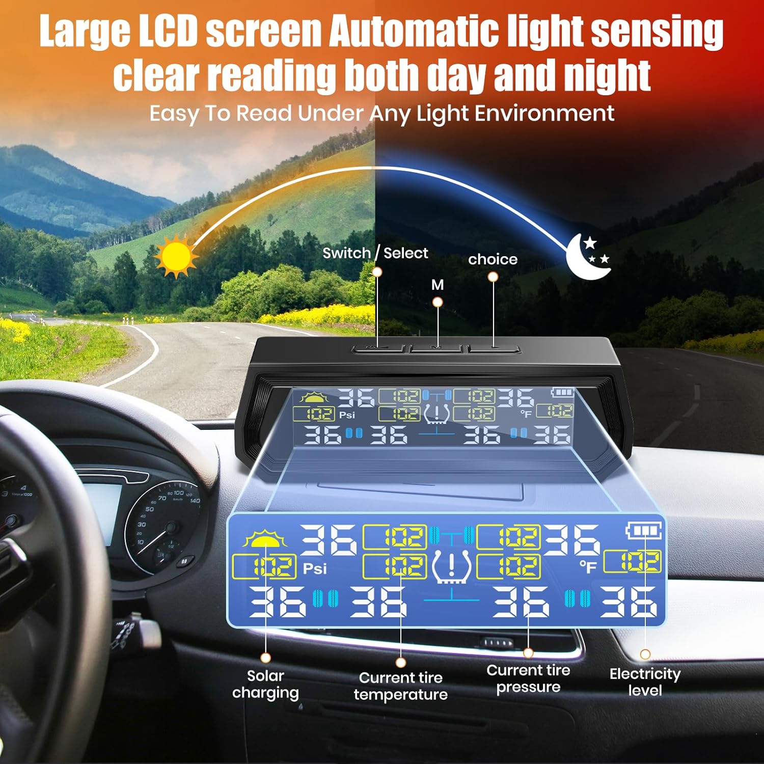 Solar RV TPMS Tire Pressure Monitoring System – 6 External Sensors + Solar & USB Dual Power, 0-9.9BAR/0-144 PSI, Color LCD Monitor, 6 Alram Modes, Real-Time TP