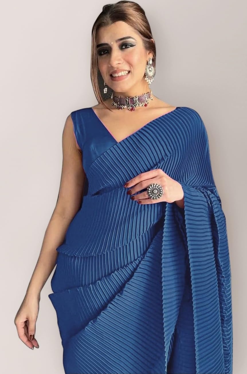 Women's Full Crushed/Pleated Satin Saree With Unstitched Blouse Piece