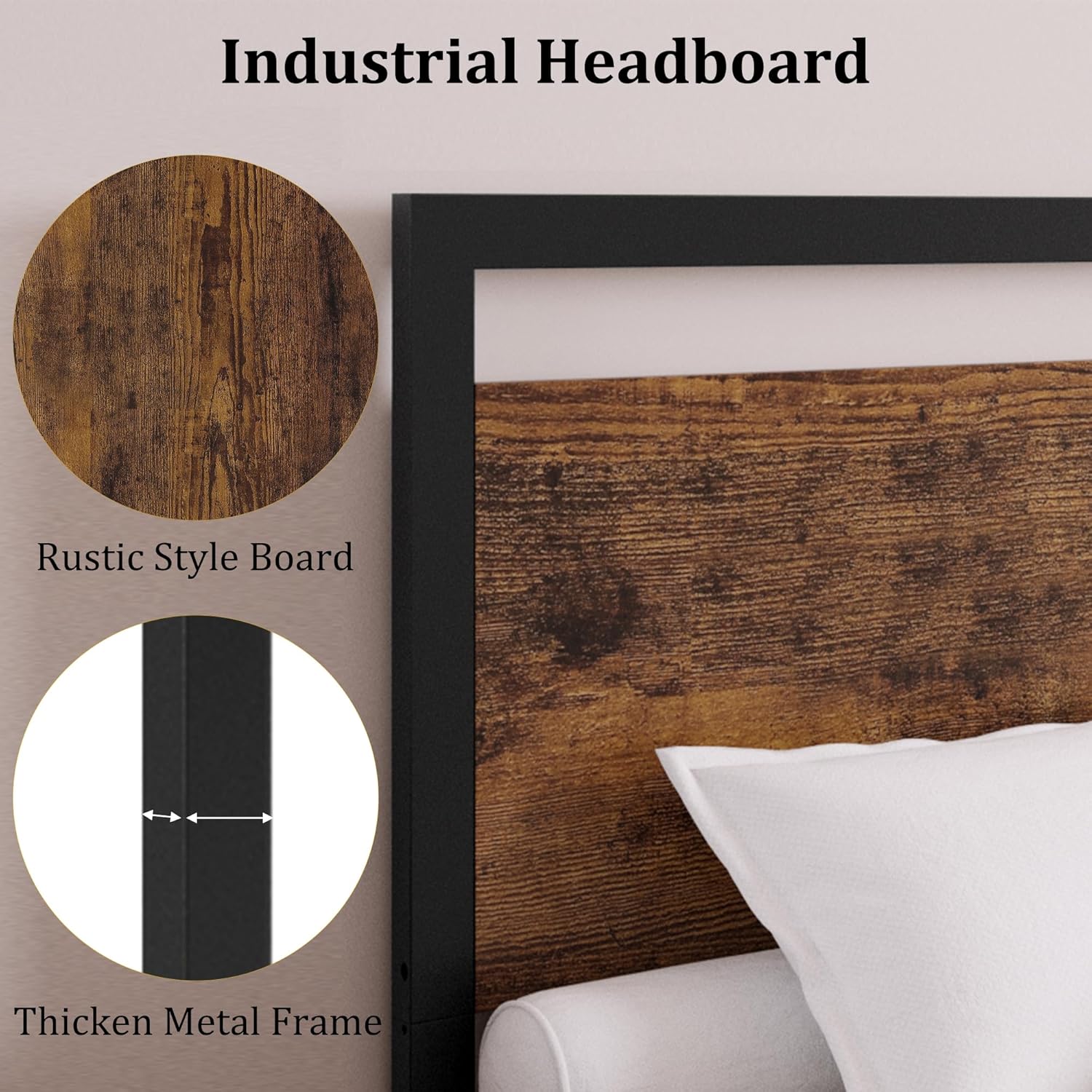 Close-up of the industrial headboard, highlighting the rustic style board and the thick metal frame.