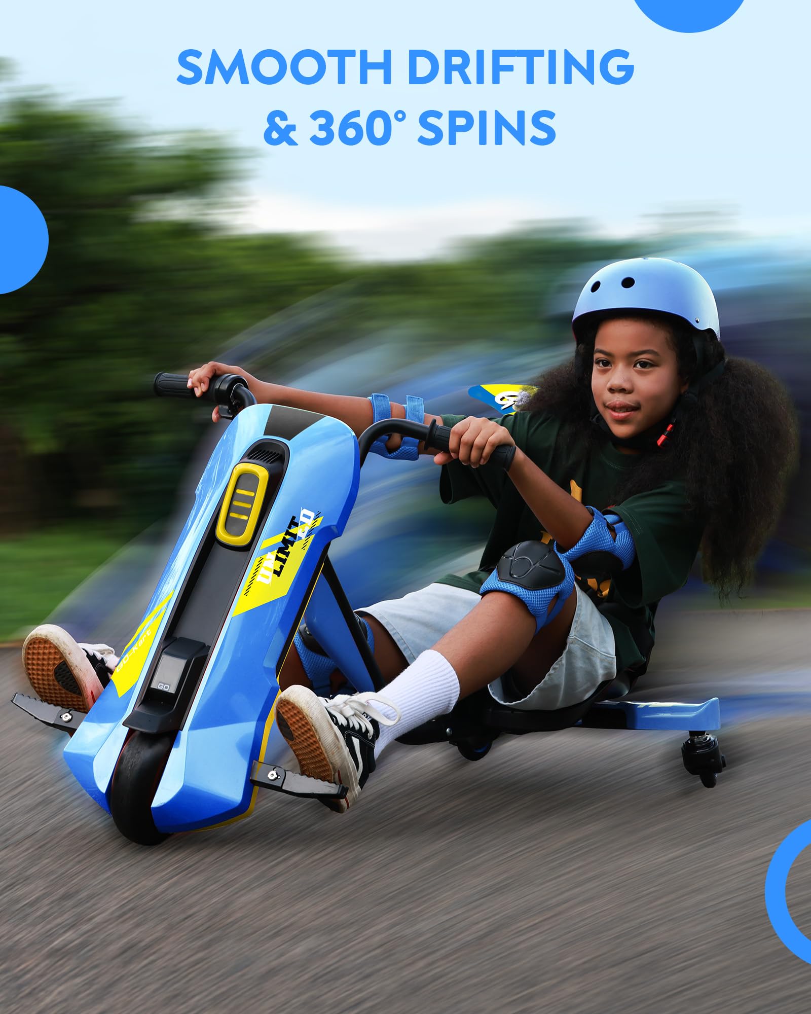 Electric Go Kart for Kids Ages 6-12- 12V Drifting Go Cart Shift - 360° Spin, Twist Grip, Stepless Speed, Max 5 MPH, 3 Adjustable Seat, Music, Bluetooth, Drift Kart for Rider up to 132 lbs, Blue