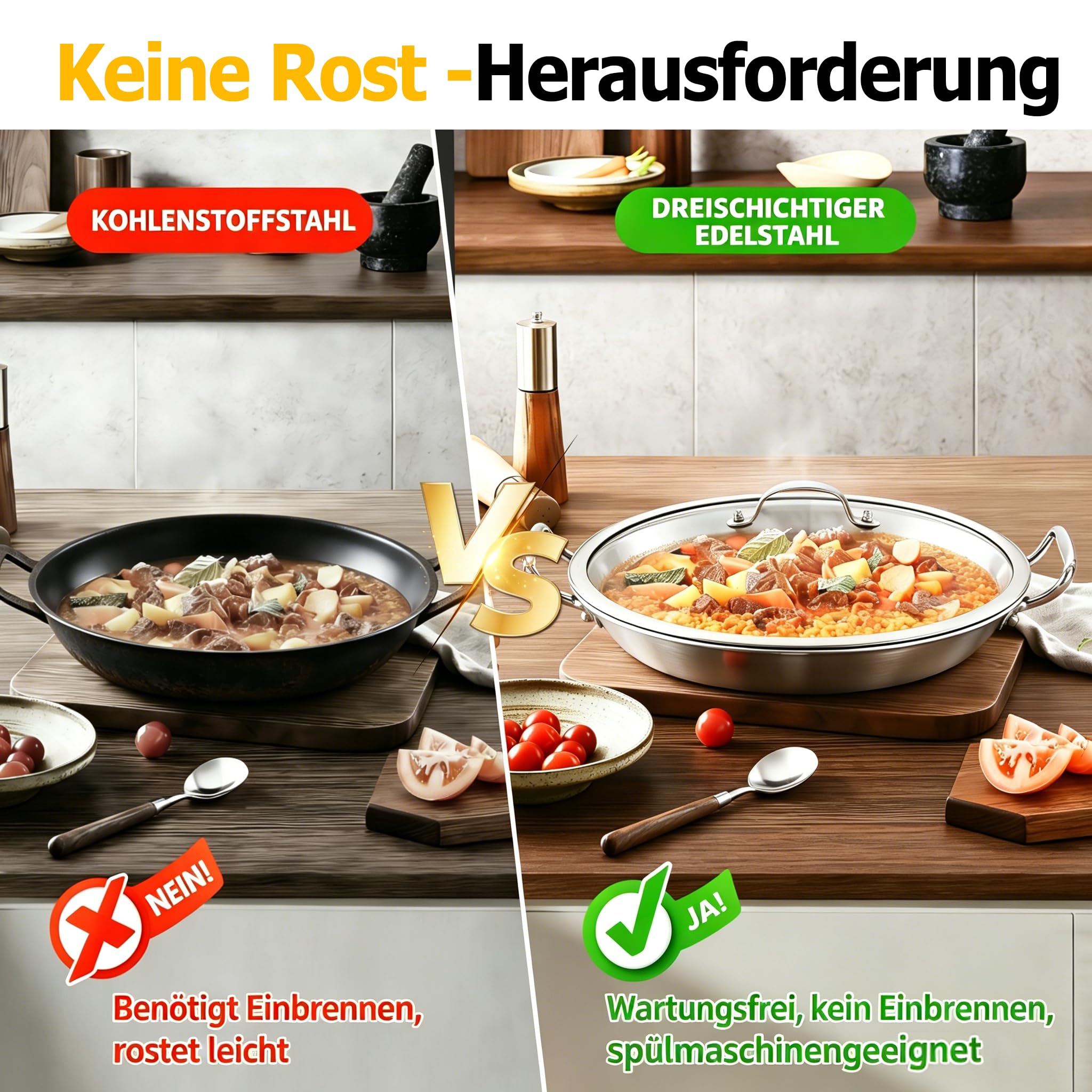 LOLYKITCH Paellapfanne 36 cm mit Glasdeckel Edelstahl unbeschichtet