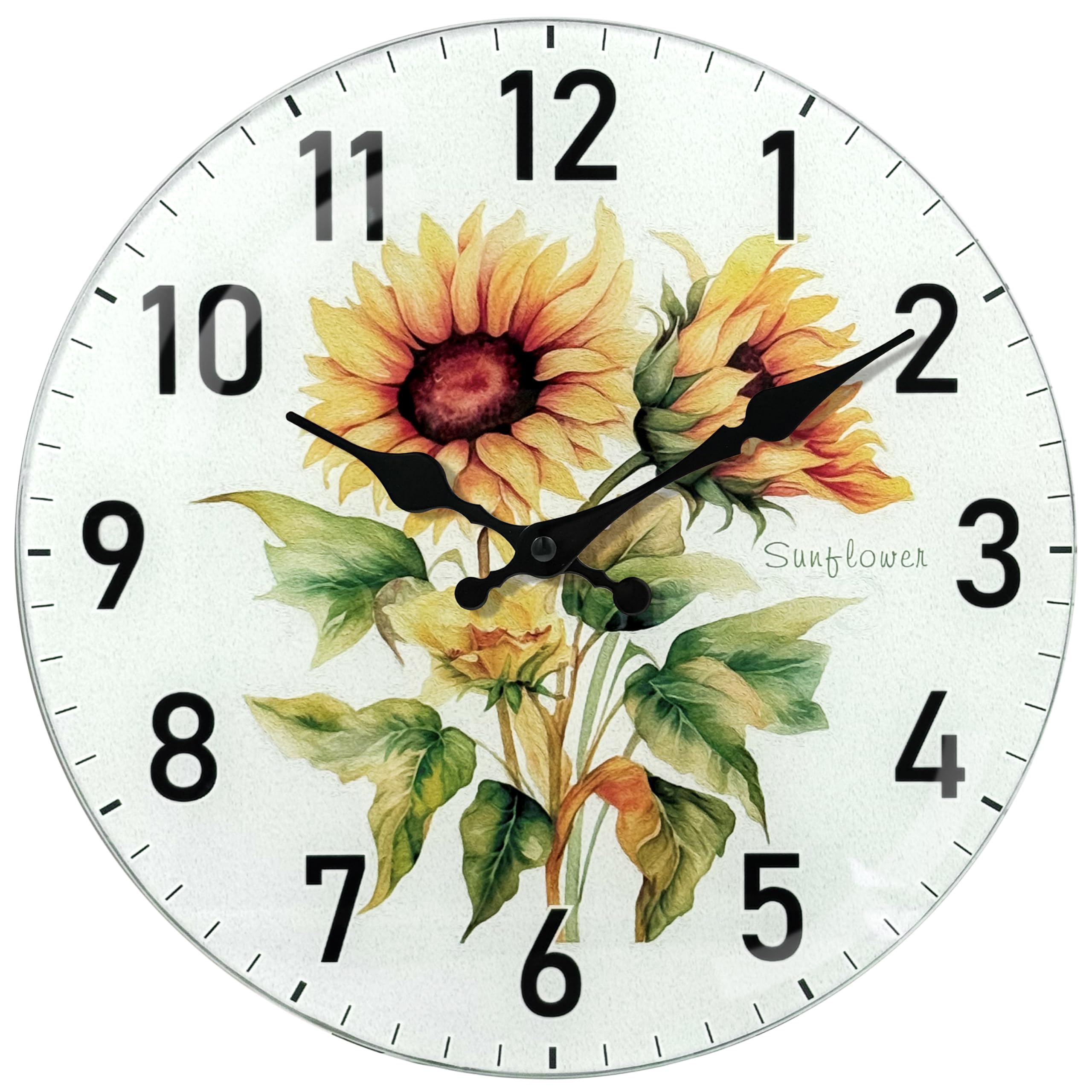 Mabpedo 30cm Rustic Sunflower Wall Clock Non-Ticking, Silent Analog Battery Clock with Sunflower Design Large Number Decorative Wall Clocks for Living Room Cozy Bedroom Study Rooms Office Hotel