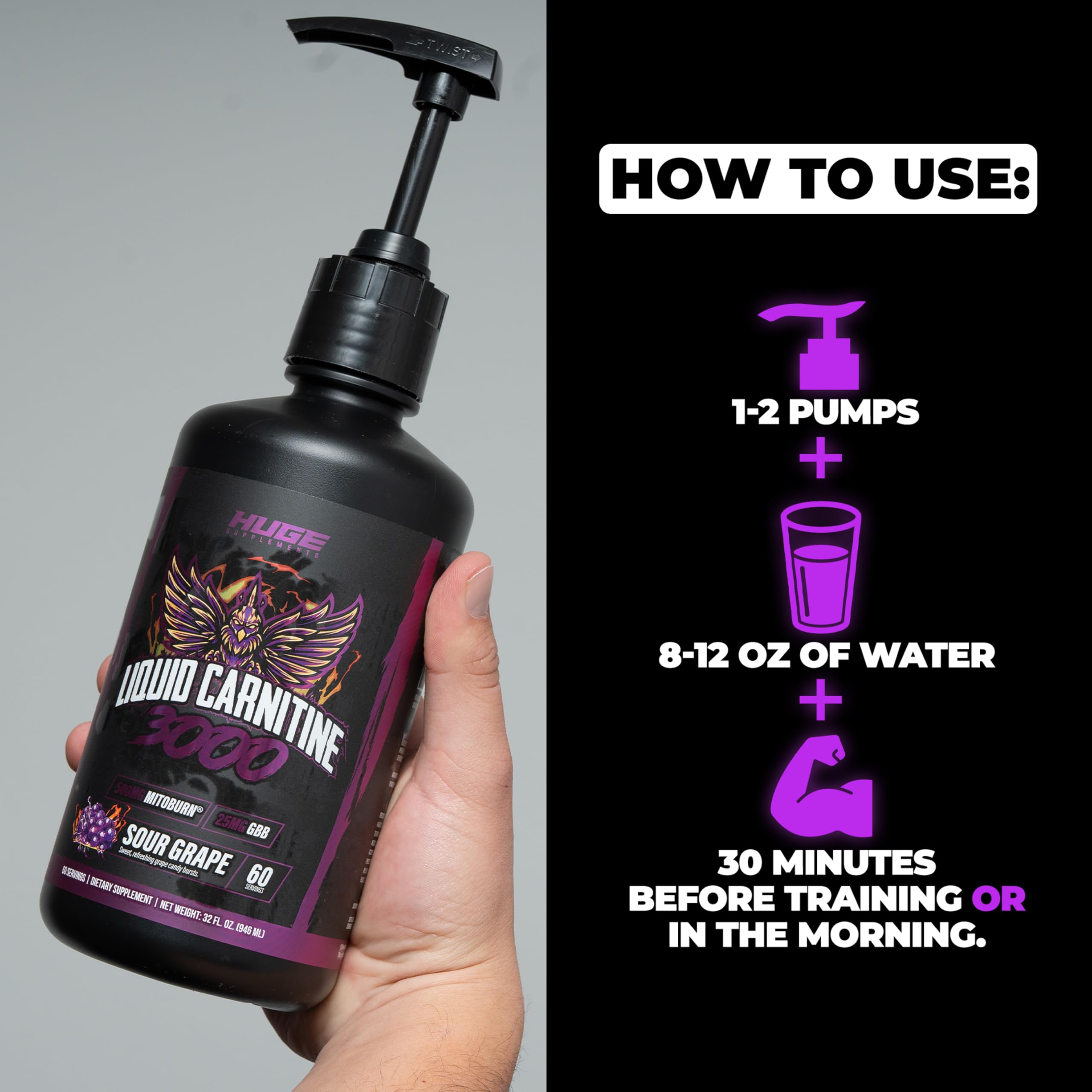 Huge Supplements Liquid L-Carnitine 3000, Superior Potency Infused with 500mg MitoBurn & 25mg GBB, Premium Stim-Free & Energy Boost, Convenient Pump Top, 32 Oz (60 Servings) — Amazon image 7