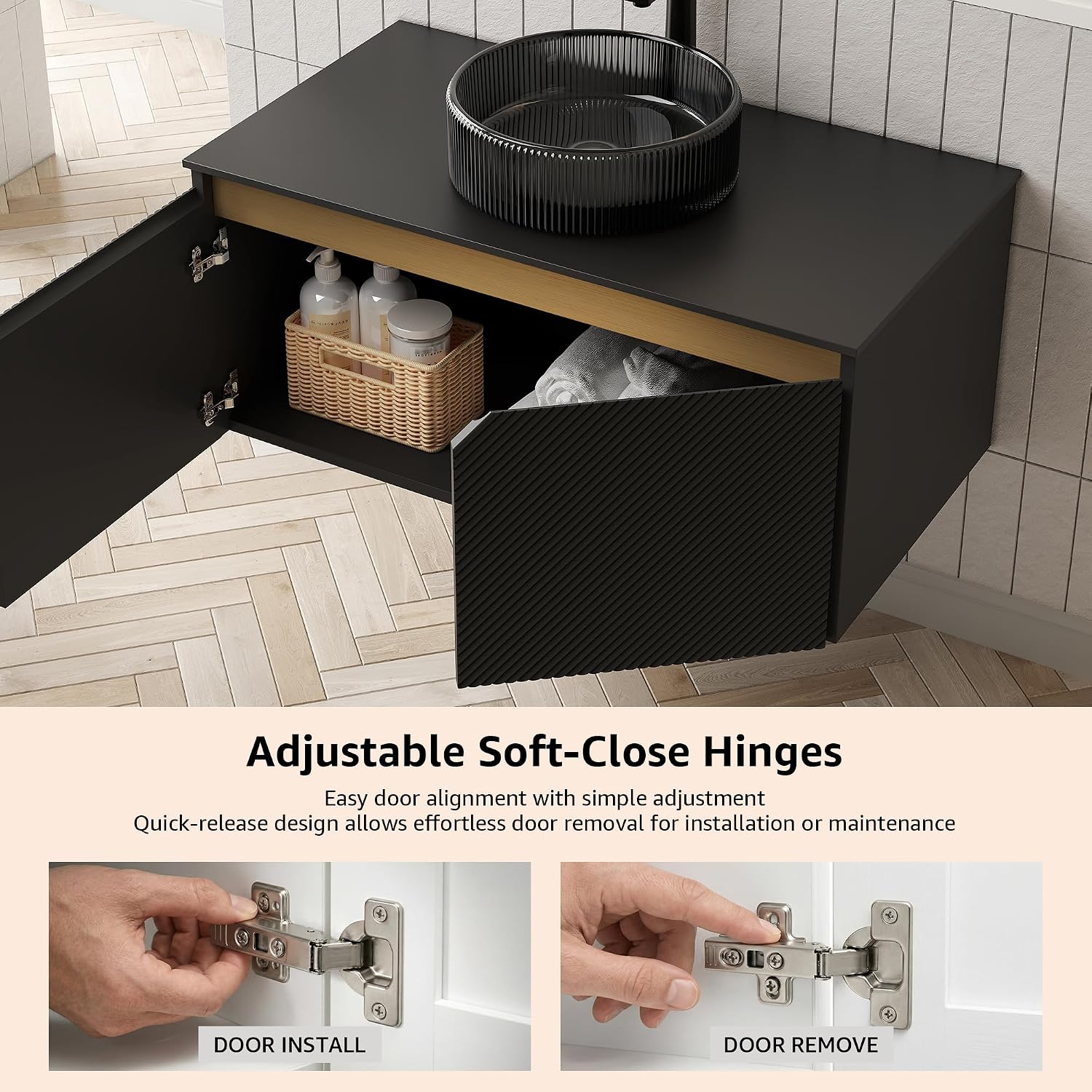 24 Inch Floating Bathroom Vanity with Sink, Wall Mounted Modern Vanity Cabinet with Fluted Doors, Black Sintered Stone Top, Ribbed Black Glass Vessel Sink, Soft Close Storage, Black