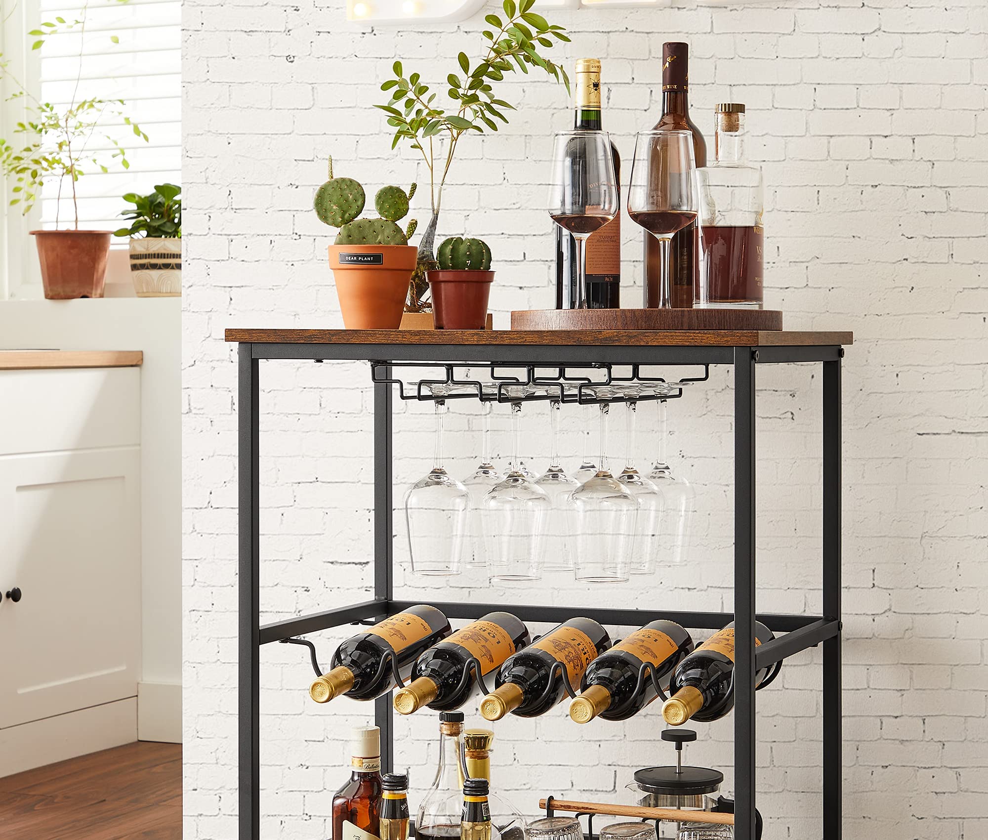 VASAGLE Carrito con Ruedas, Carrito de Cocina, Carrito de Servicio con Soportes para Vasos y Botellas, 40 x 60 x 82 cm, Estilo Industrial, Marrón Rústico y Negro LRC087B01
