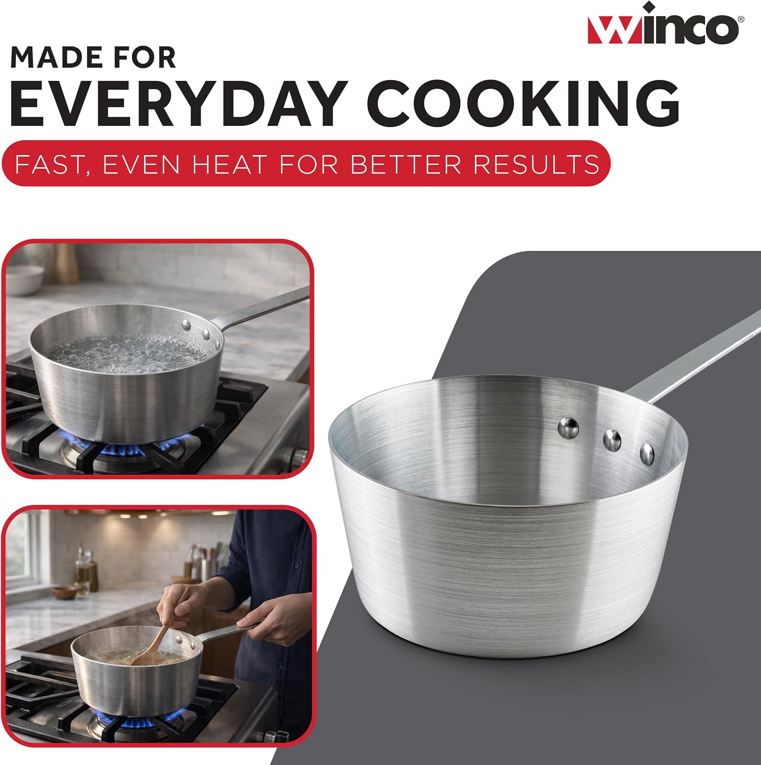 Winco 3 3/4 qt Heavy-Duty Tapered Aluminum Sauce Pan, 3.75 qt