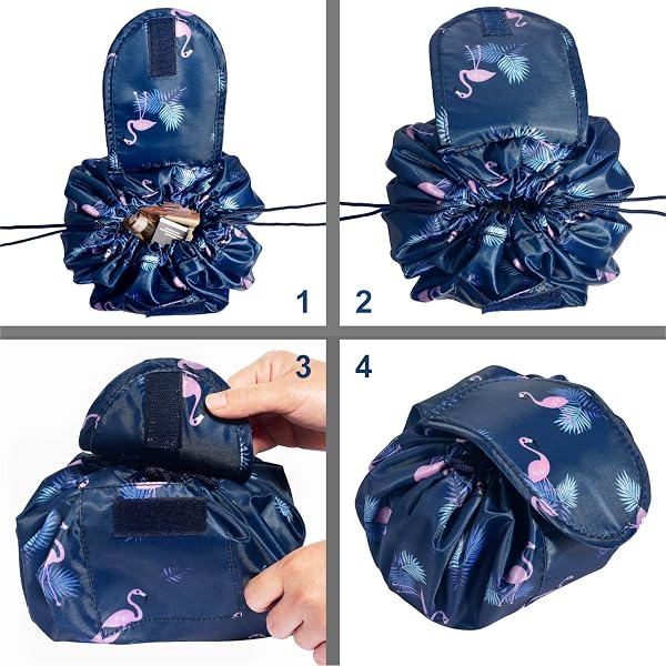 Vavabox Lazy Drawstring Makeup Bags, Large Capacity Waterproof Travel Portable Cosmetic Bag Pouch Makeup Pouch Storage Organiser for Women Girl (Dark Blue Flamingo) in use