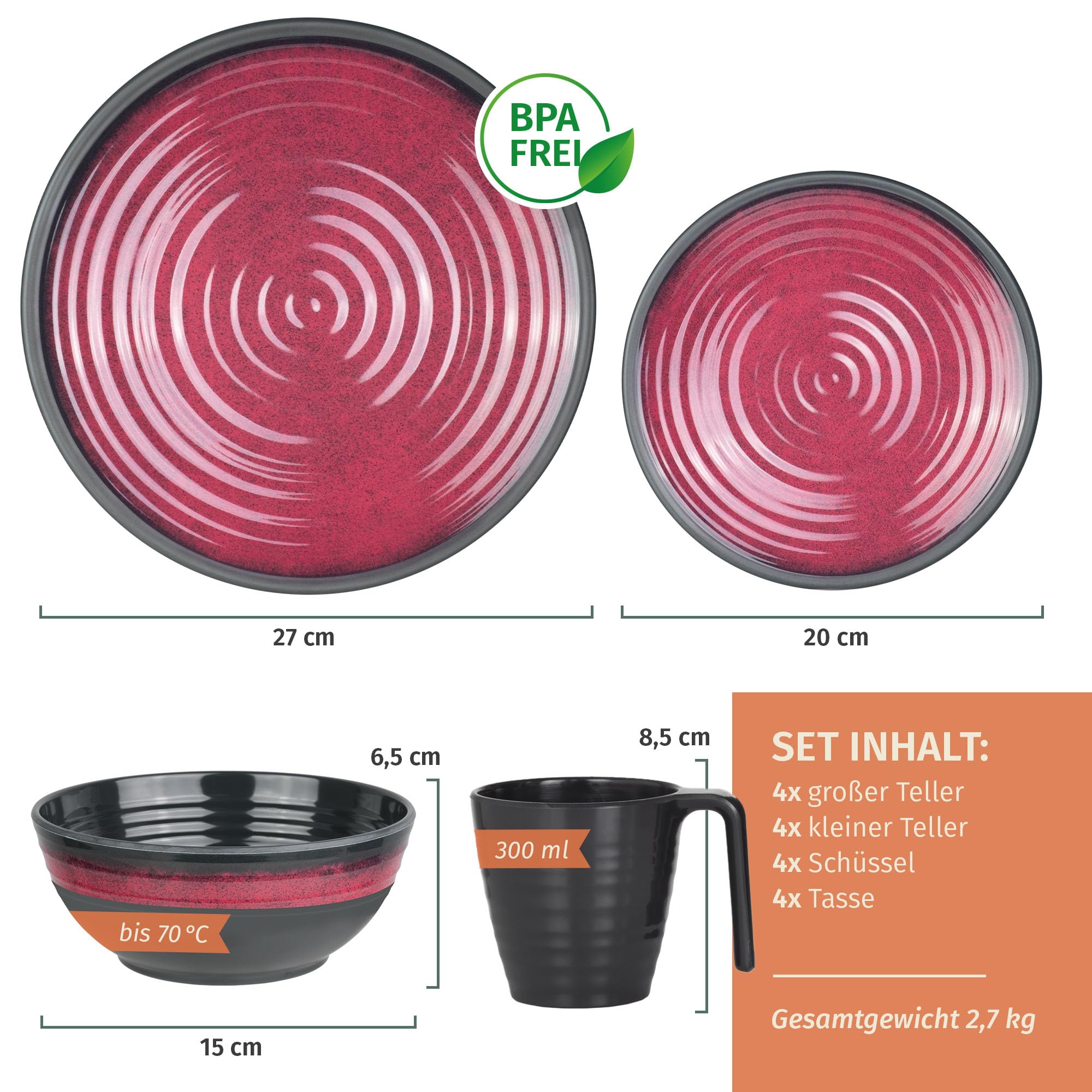 Vaisselle de camping en mélamine pour 4 personnes Rouge pierre + 4 tasses à café en pierre