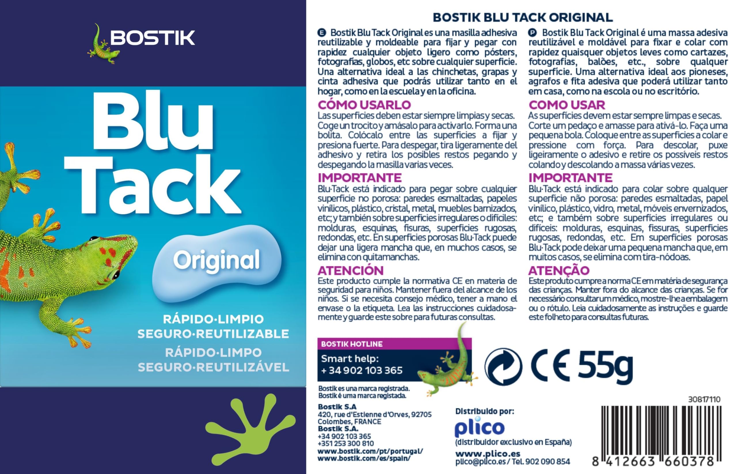 BOSTIK Blu Tack Original Azul, Masilla Adhesiva, Moldeable y Reutilizable, Fijación de Todo Tipo de Objetos, Limpia, Segura y Fácil de Usar, Sustituye Chinchetas y Cintas Adhesivas, Sobre 57 g